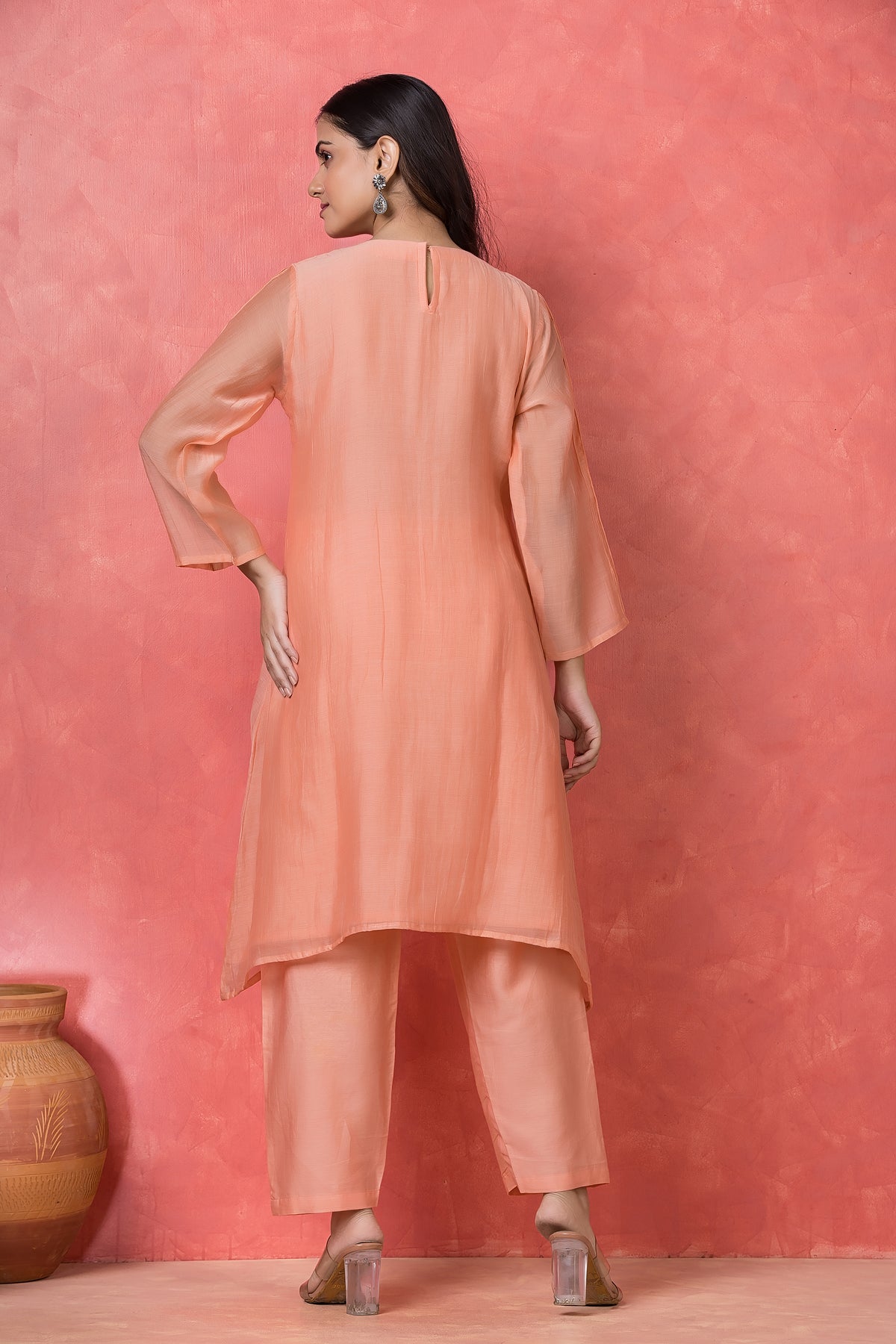 Peach Coral Embroidered  Mul Chanderi Silk Kurta Set