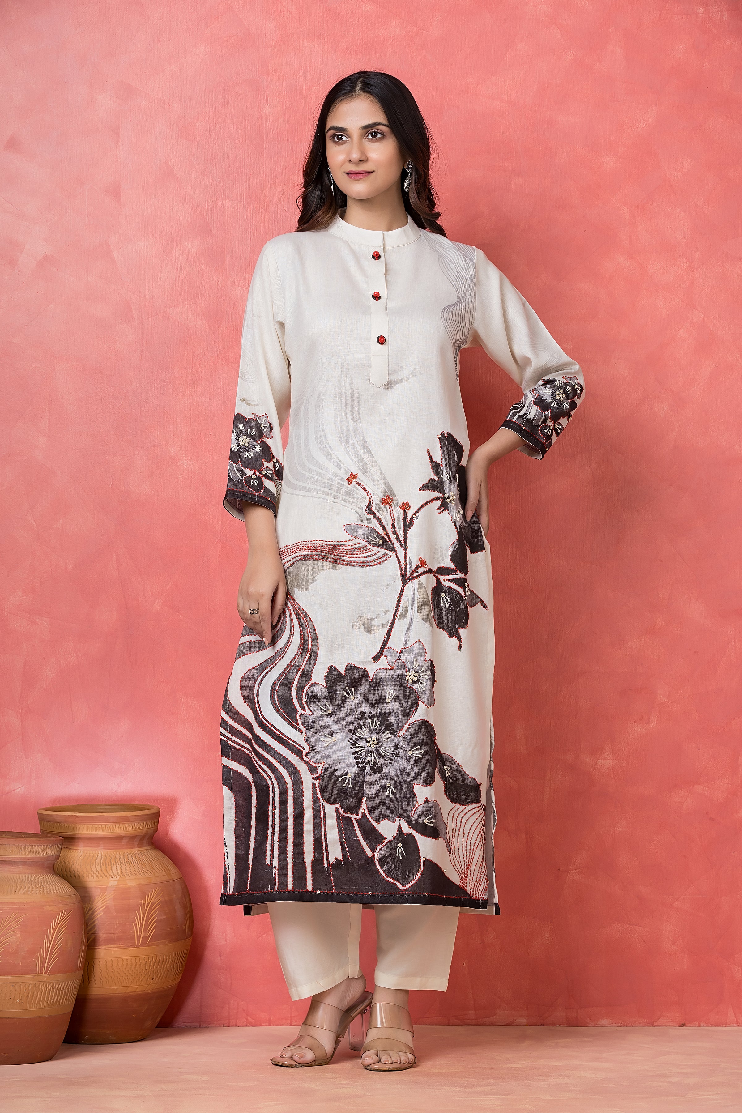 Monochrome Charcoal Printed Cotton Pant Set