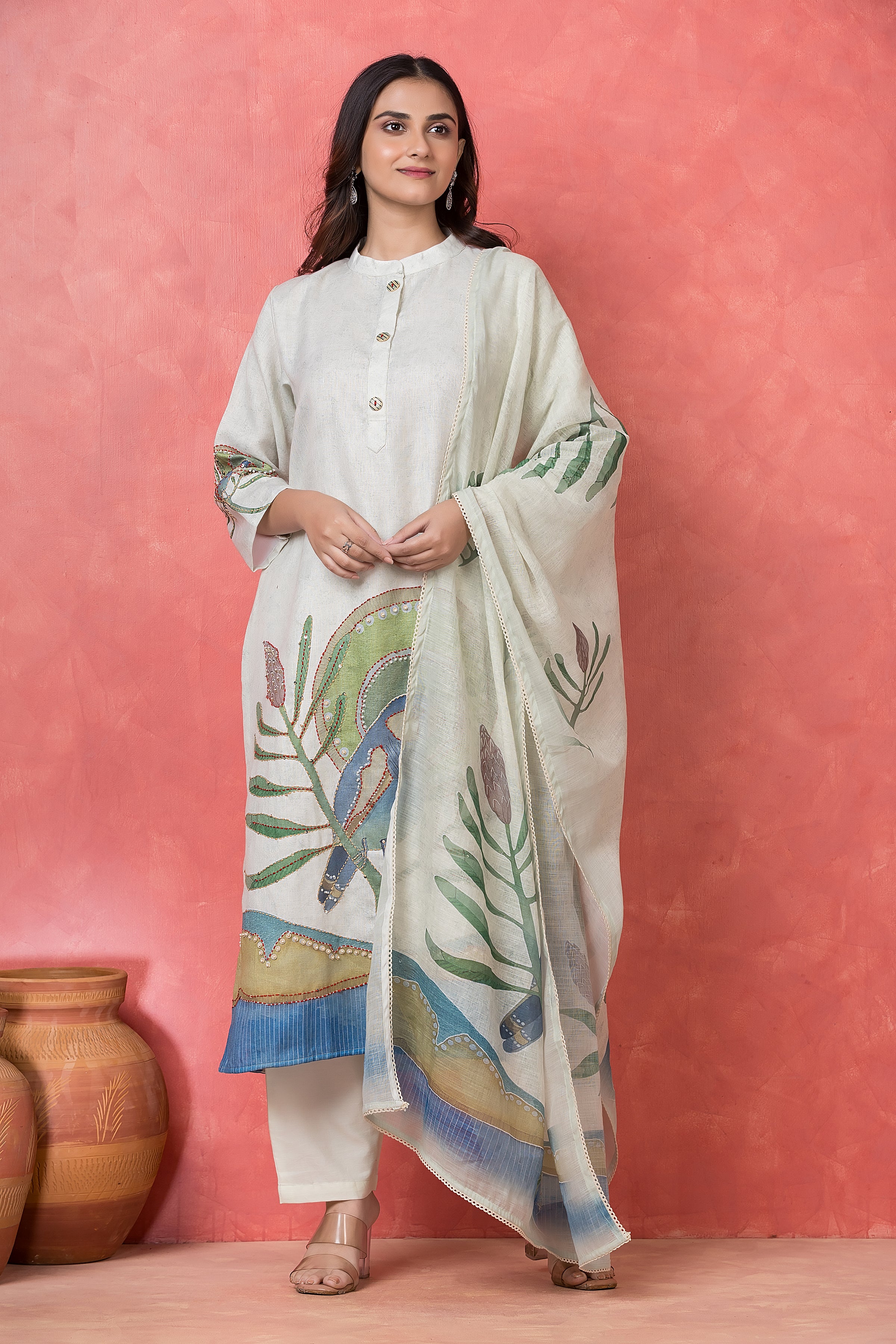 Tropical Vista Embroidered Cotton Pant Set