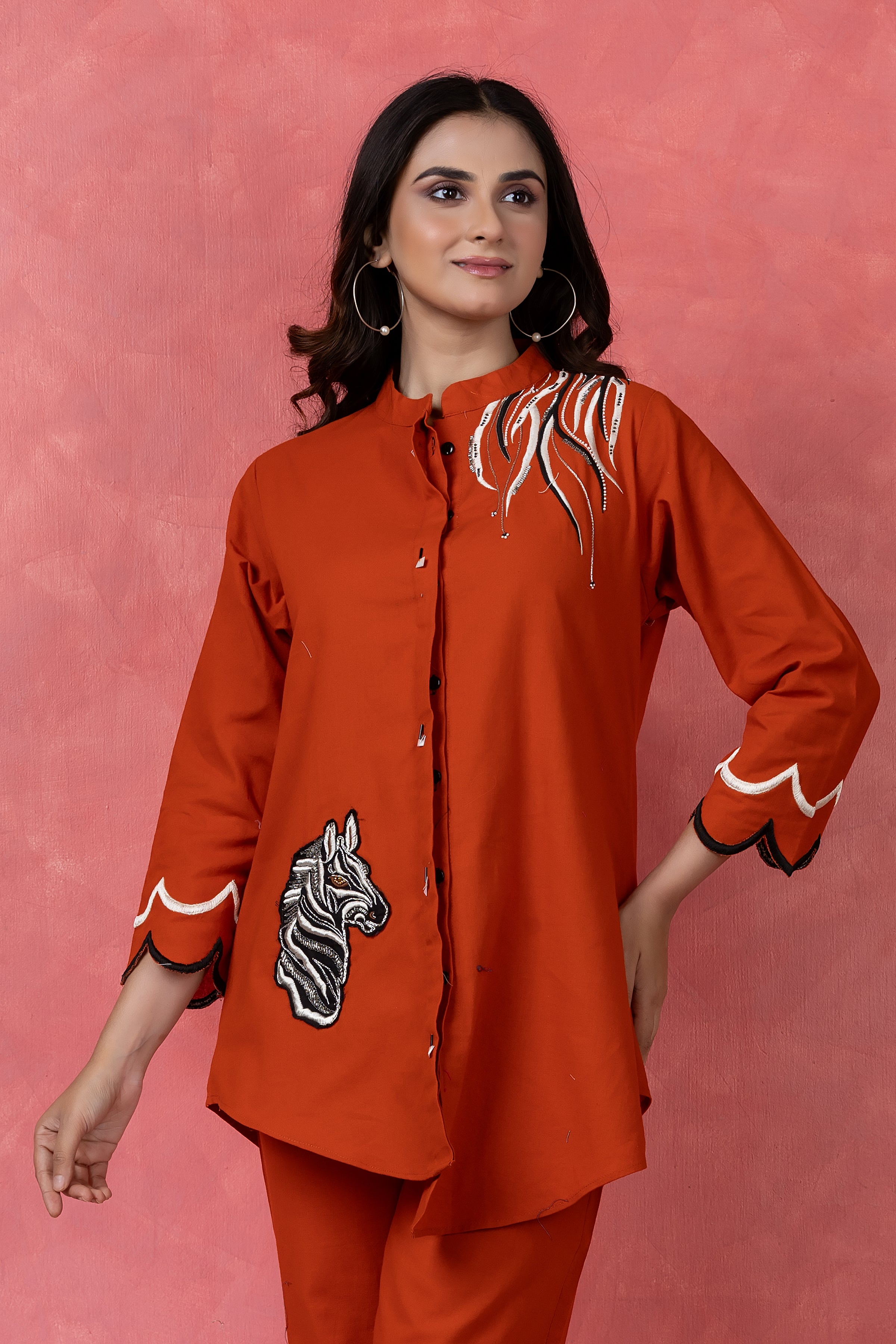Mahagany Orange Embroidered Cotton Co-Ord Set