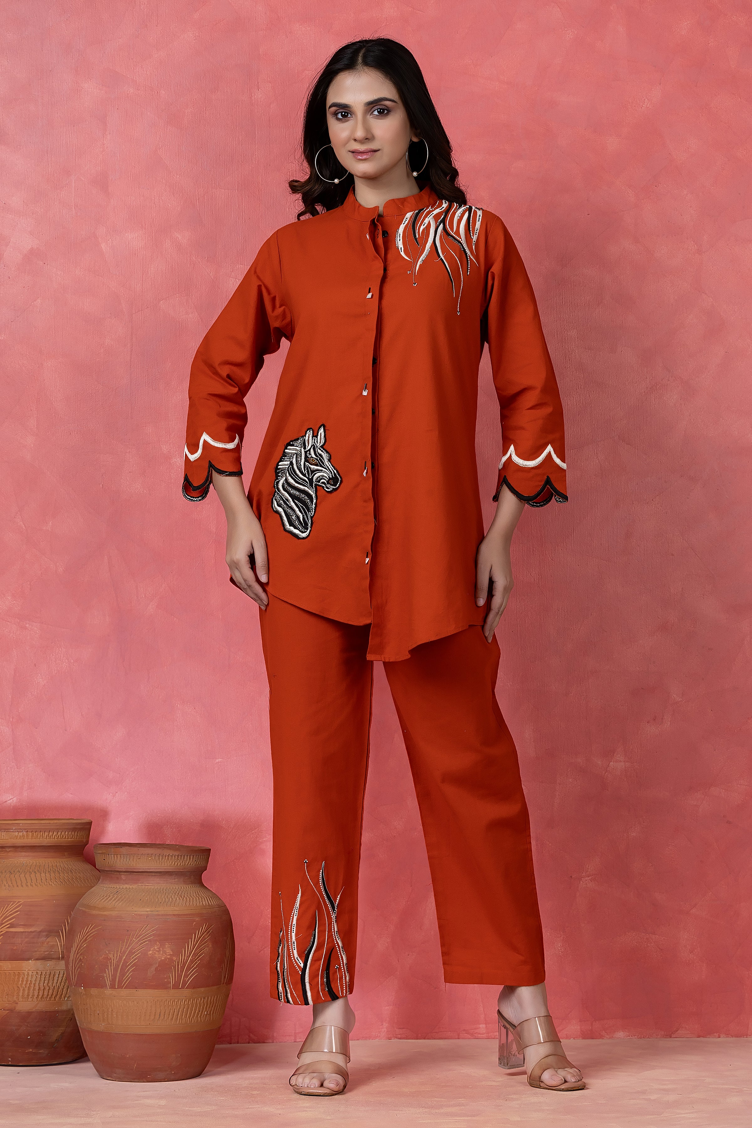 Mahagany Orange Embroidered Cotton Co-Ord Set