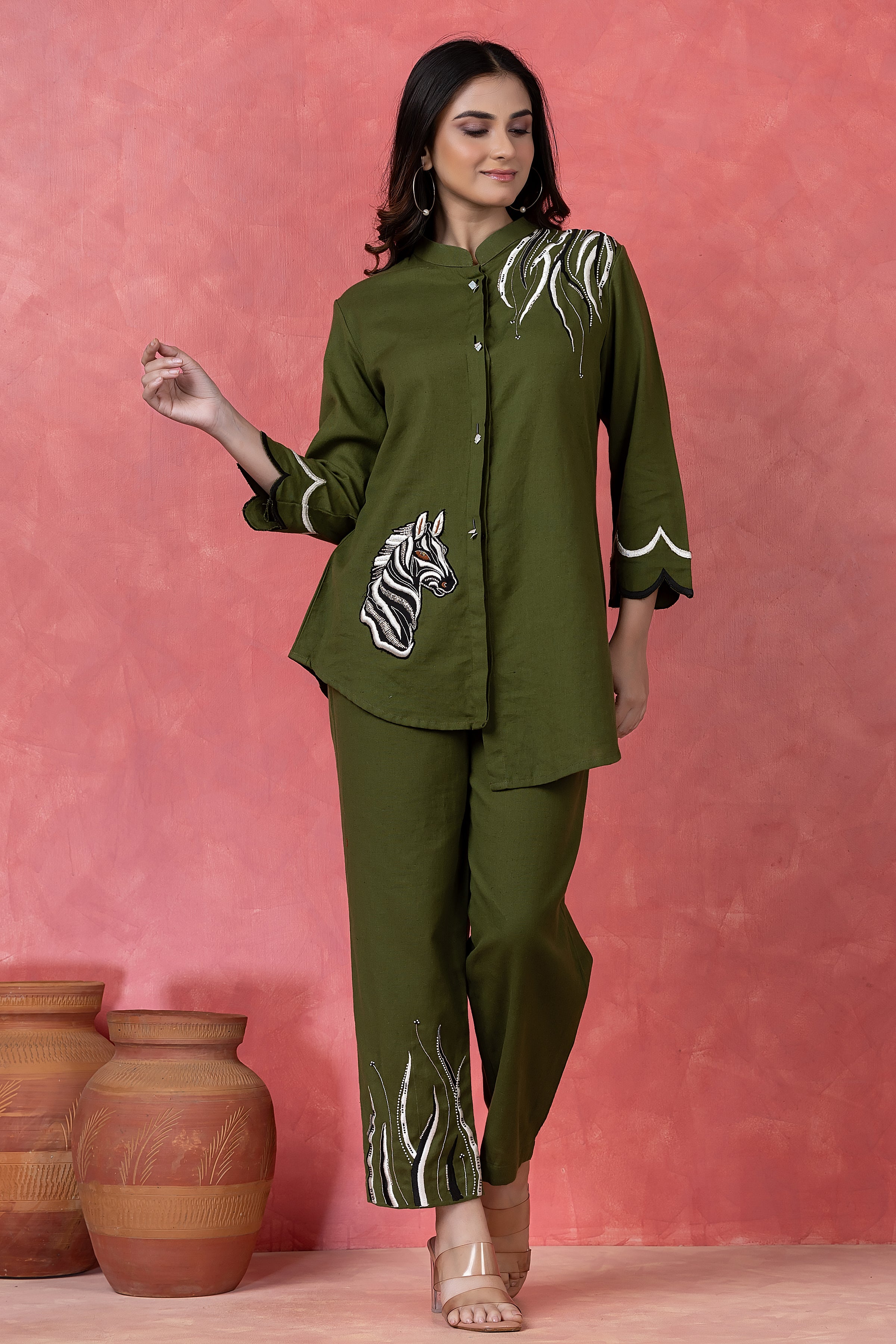 Olive Green Embroidered Cotton Co-Ord Set
