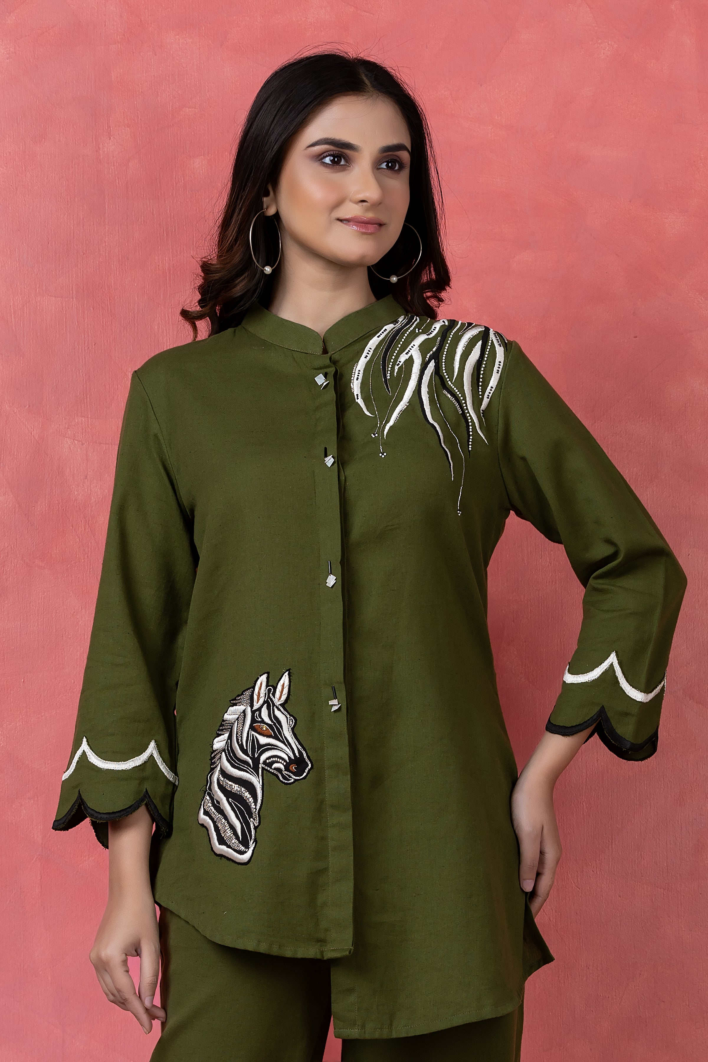 Olive Green Embroidered Cotton Co-Ord Set