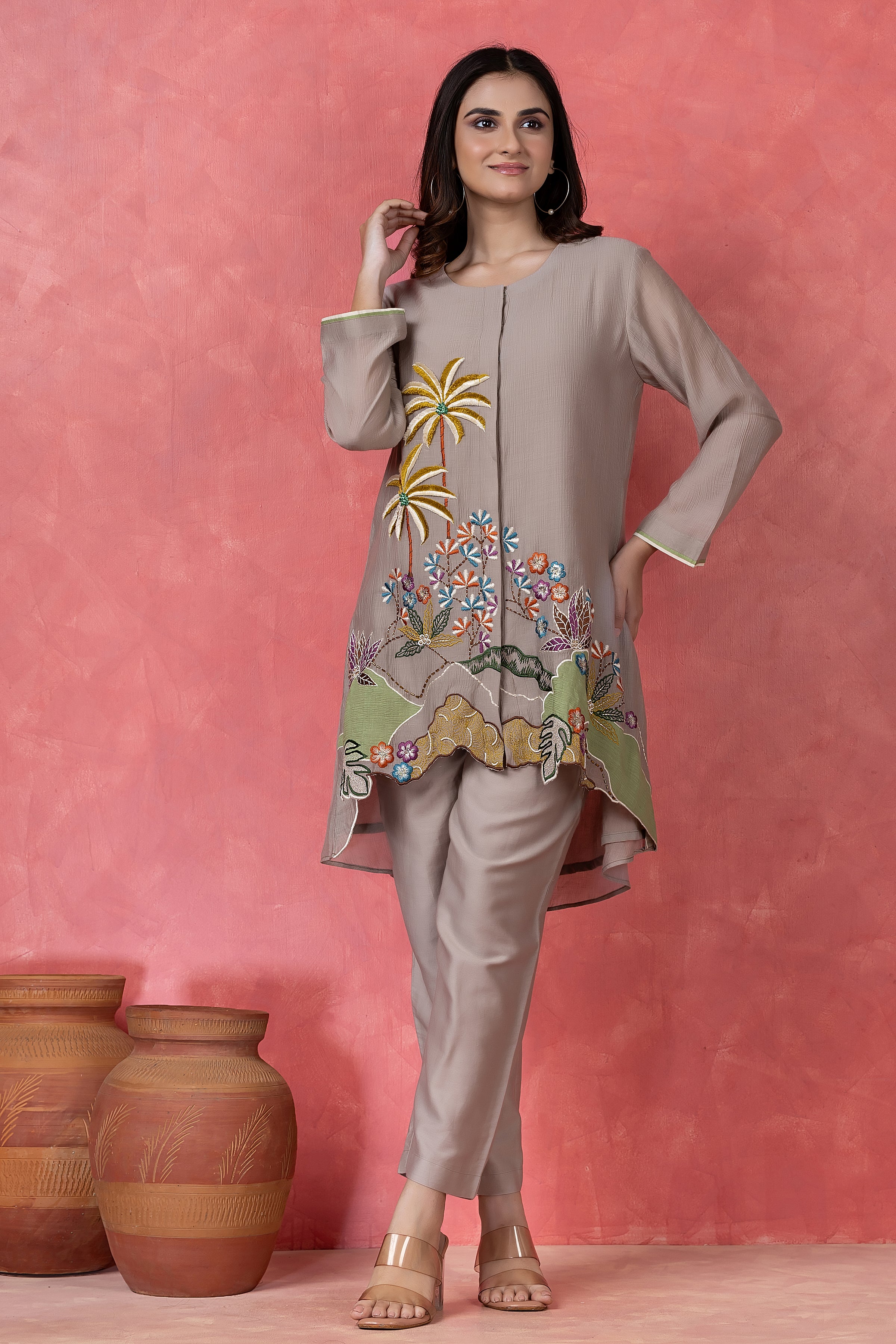 Taupe Embroidered Cotton Co-Ord Set