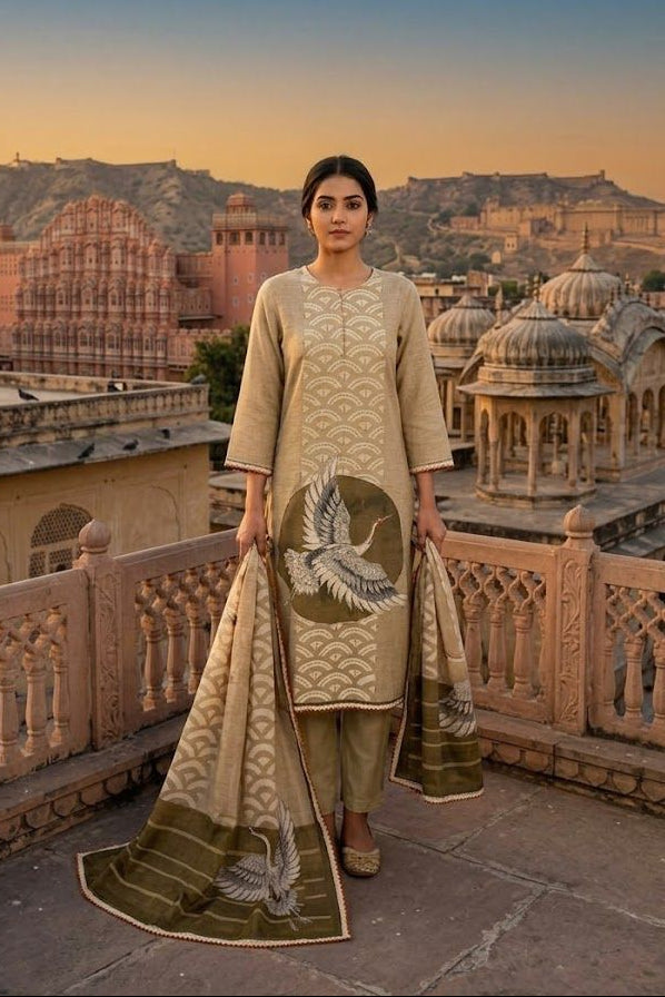 Beige Crane Printed Cotton Pant Set