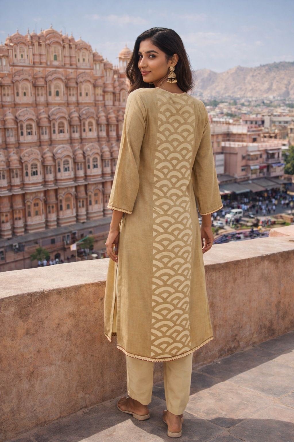 Beige Crane Printed Cotton Pant Set