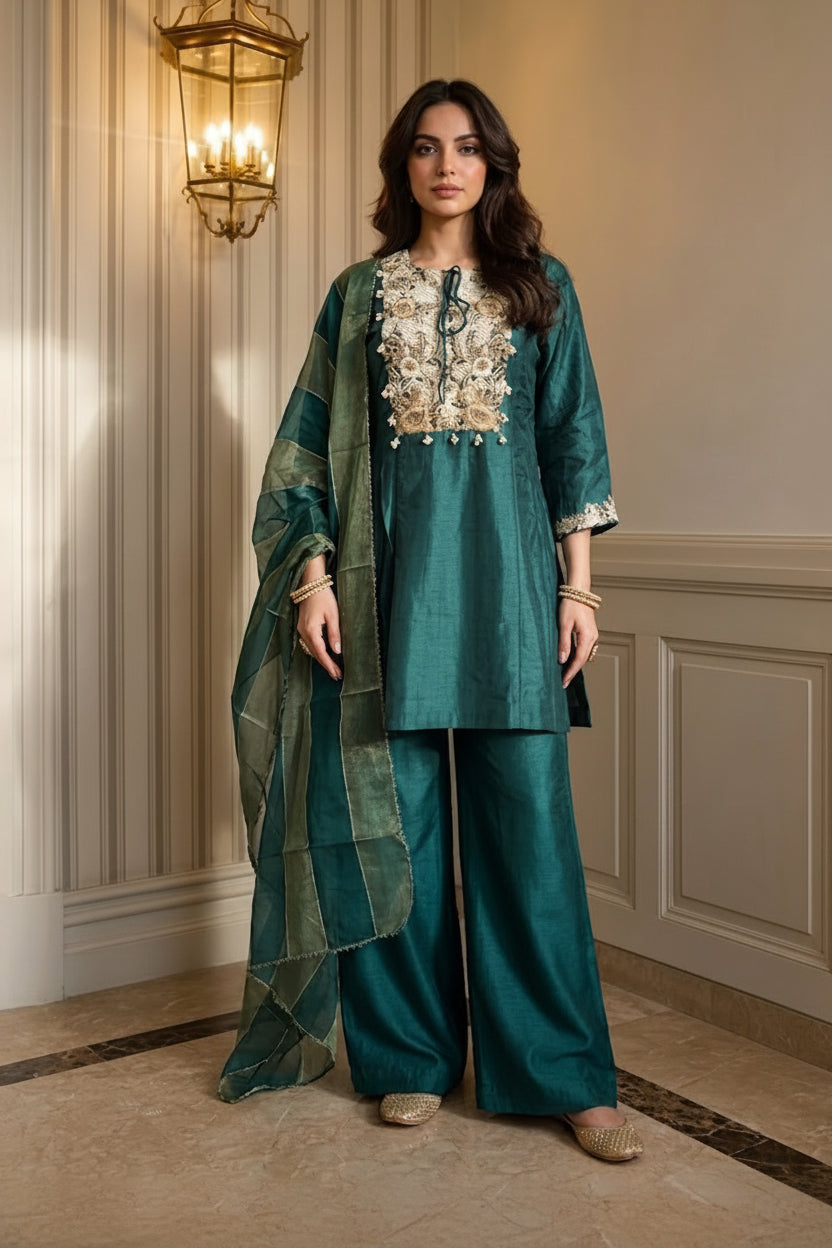 Teal Dark Embellished Raw Silk Palazzo Set