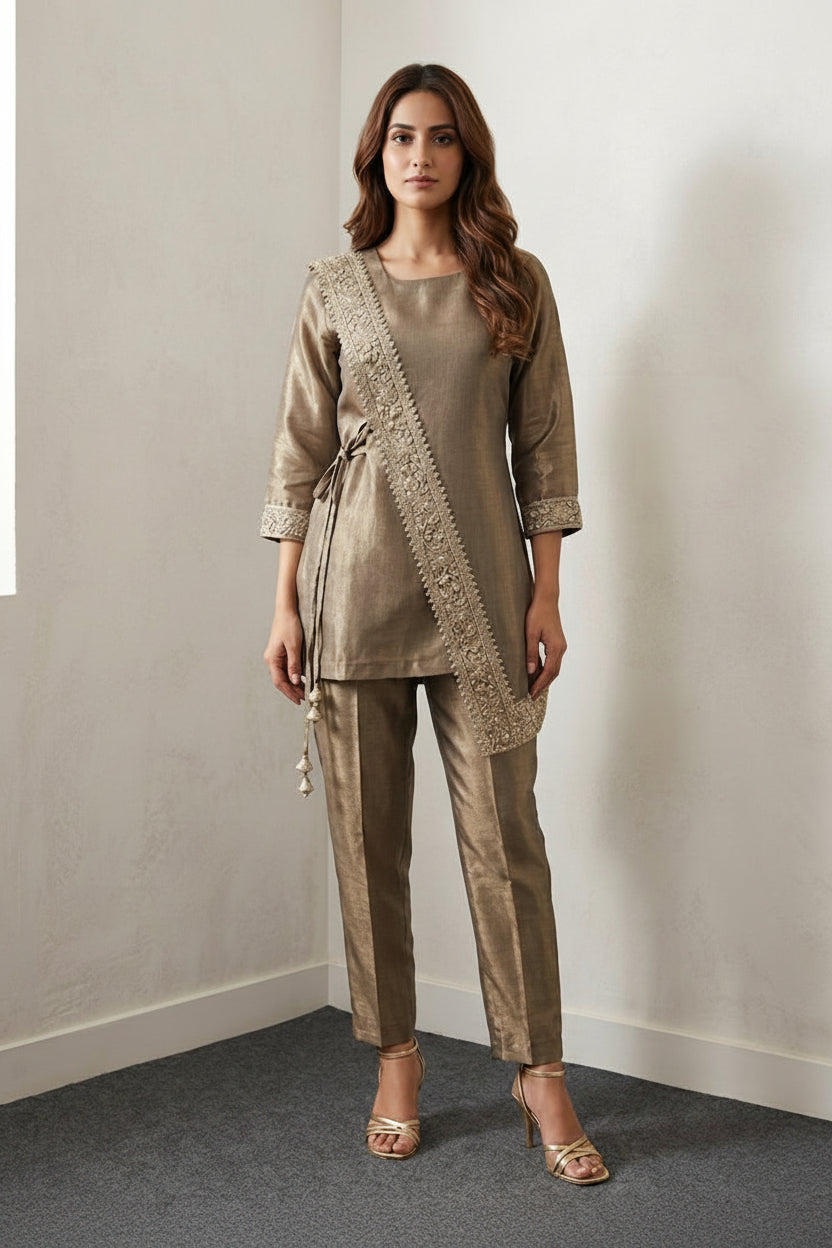 Warm Grey Embellished Shimmer Silk Co-Ord Set