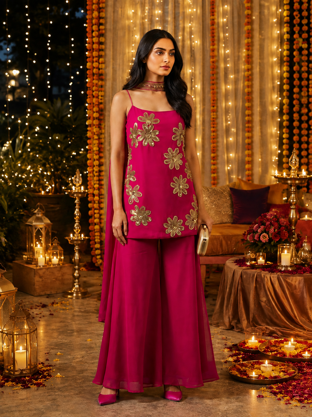 Pink Raspberry Embellished Crepe Silk Palazzo Set