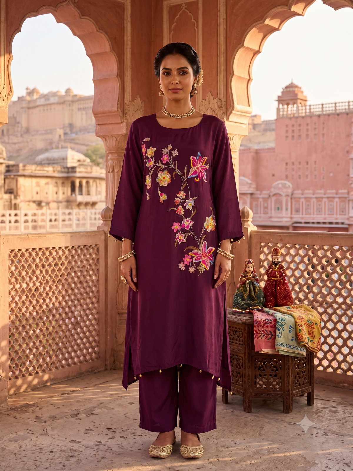 Rich Plum Embroidered Crepe Silk Kurta Set