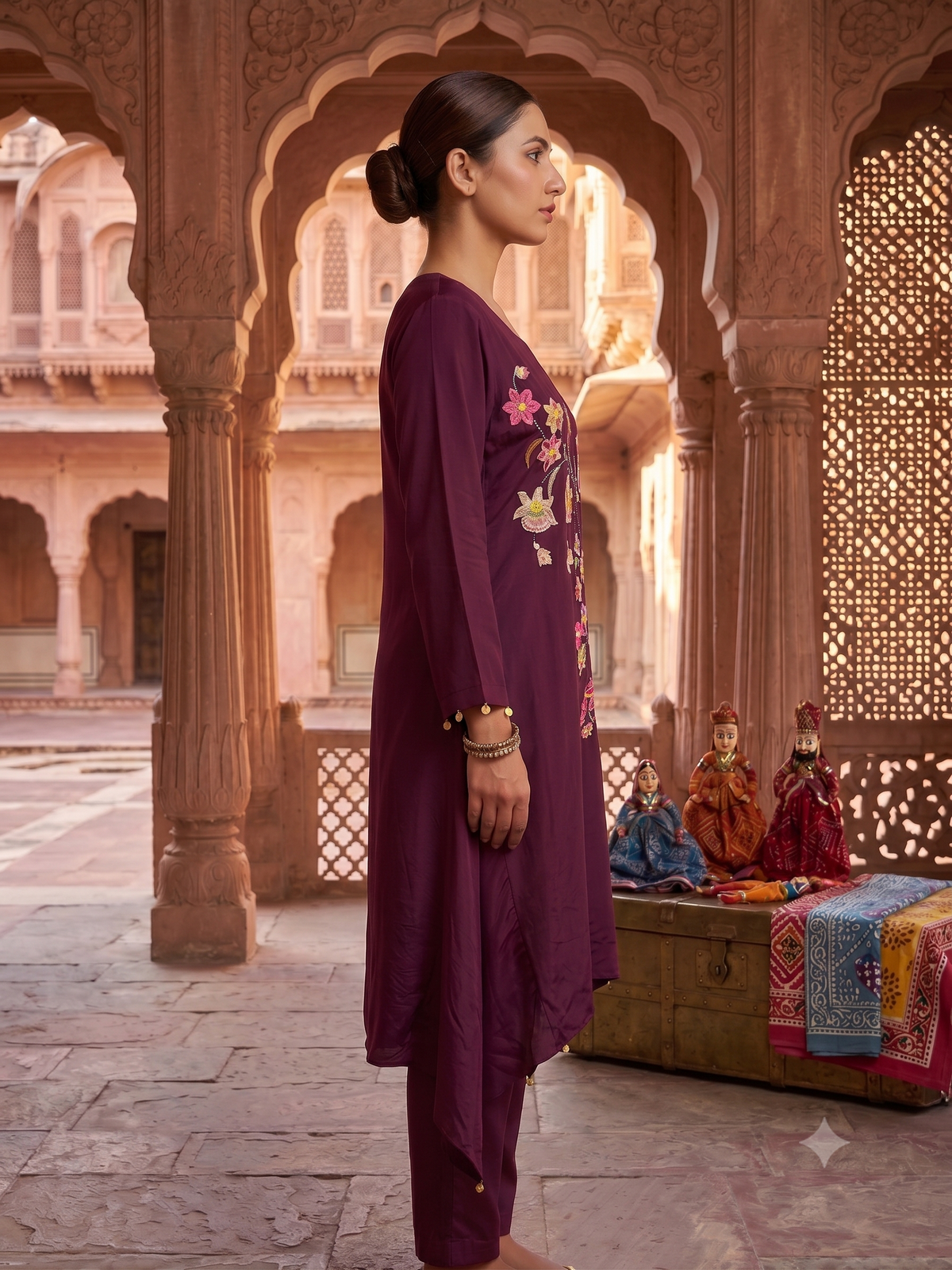Rich Plum Embroidered Crepe Silk Kurta Set