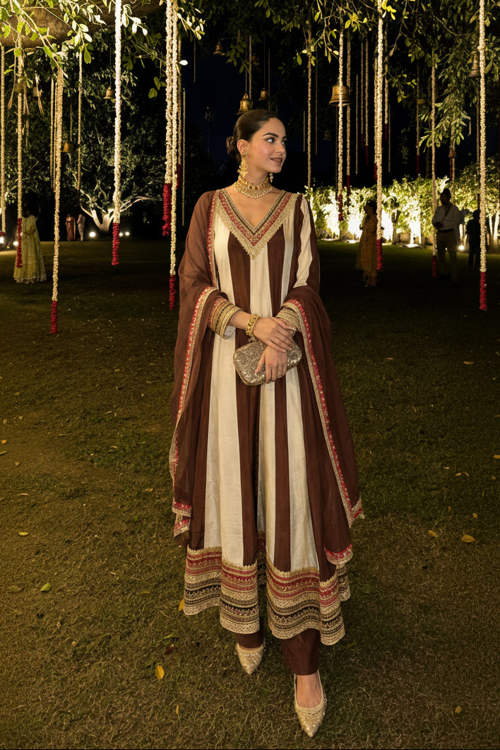 Chocolate Ivory Emebllished Pure Crepe Silk Anarkali Set