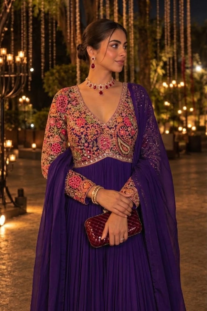 Royal Deep Purple Embellished Georgette Silk Anarkali Set