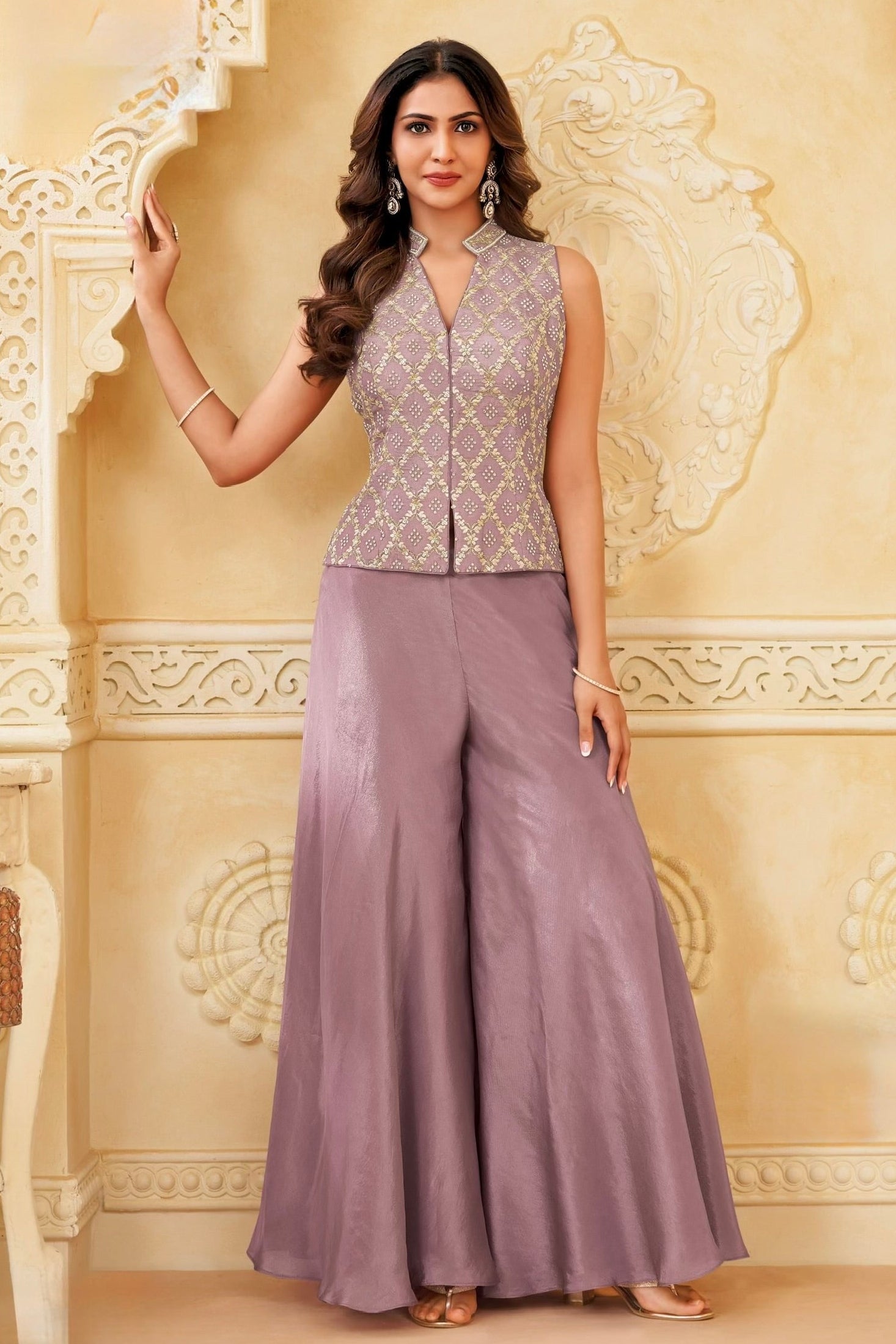 Lavender Embroidered Organza Silk Palazzo Set