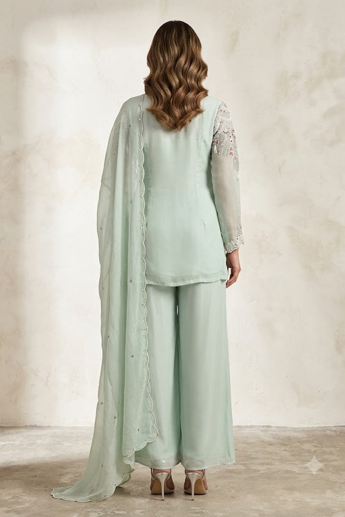 Mint Green Embellished Organza Silk Palazzo Set