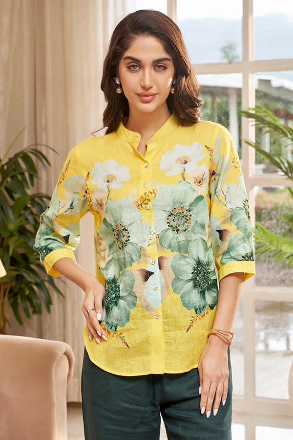 Yellow Floral Printed Cotton Linen Shirt