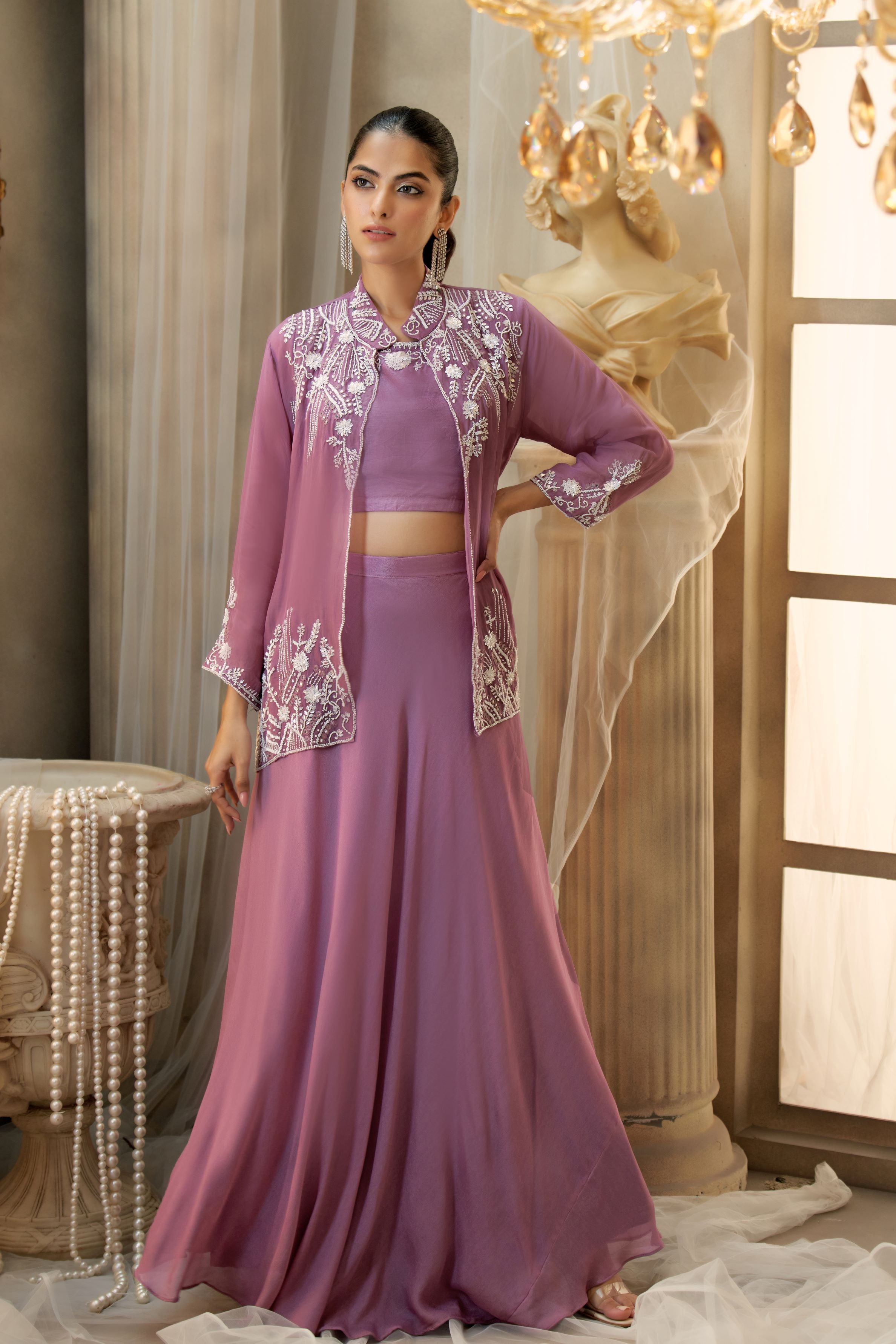 Deep Mauve Embellished Jacket-Skirt Set