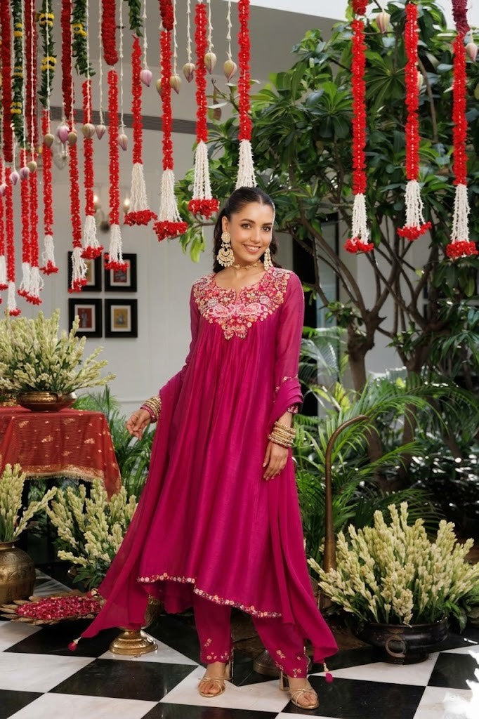 Magenta Pink Embellished Crepe Silk Anarkali Set