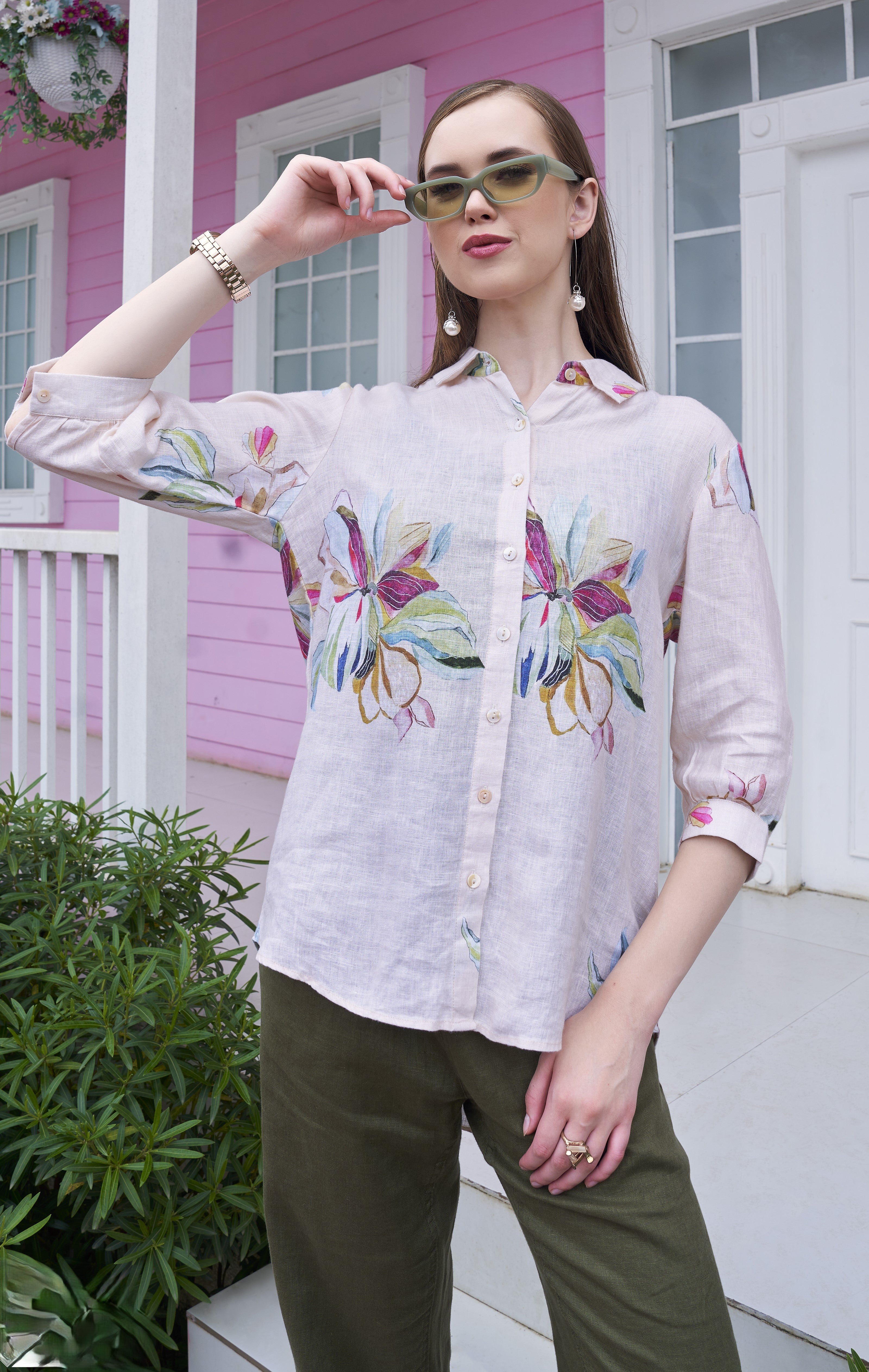 Pale Pink Printed Linen Cotton Shirt