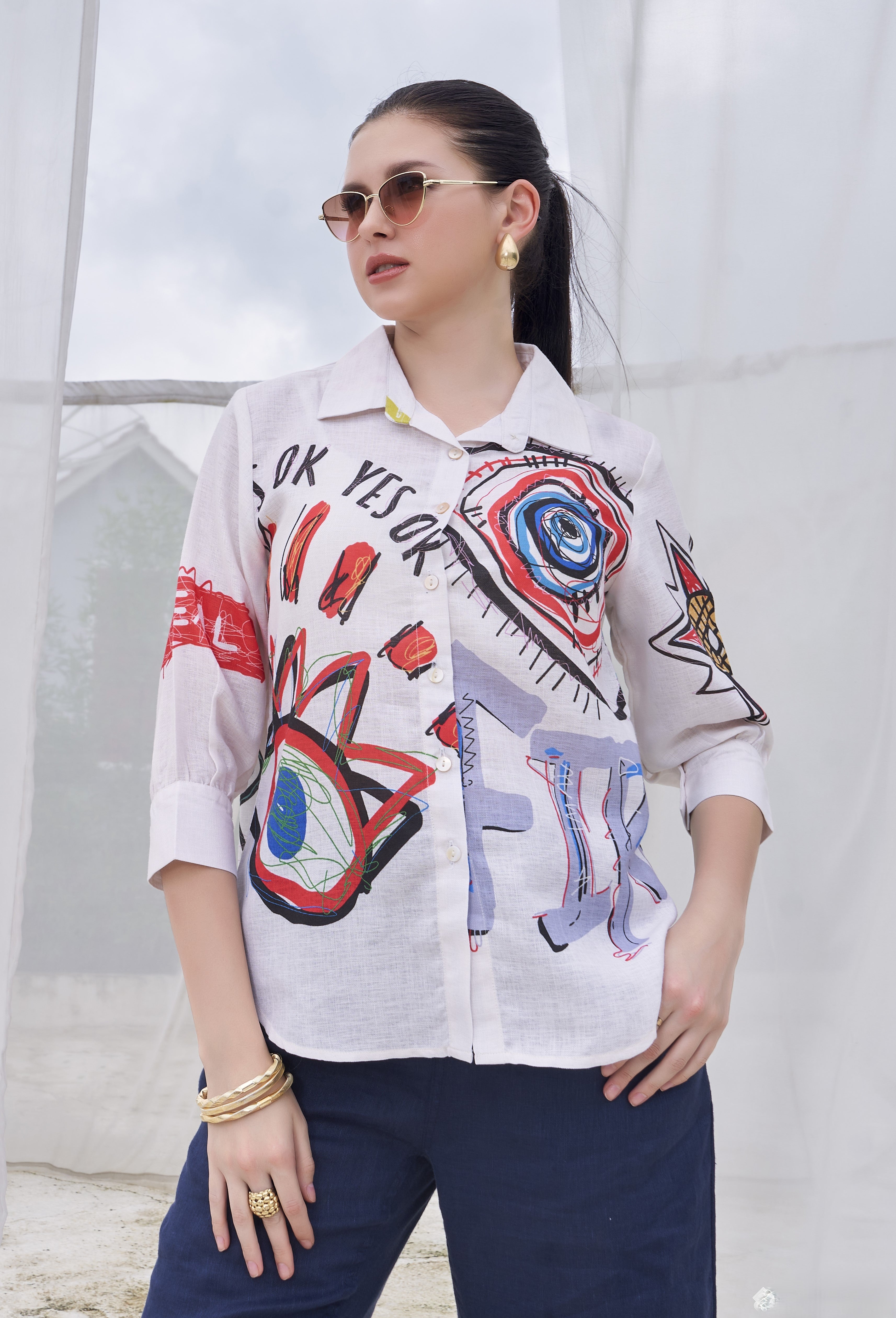Ivory White Printed Cotton Linen Shirt