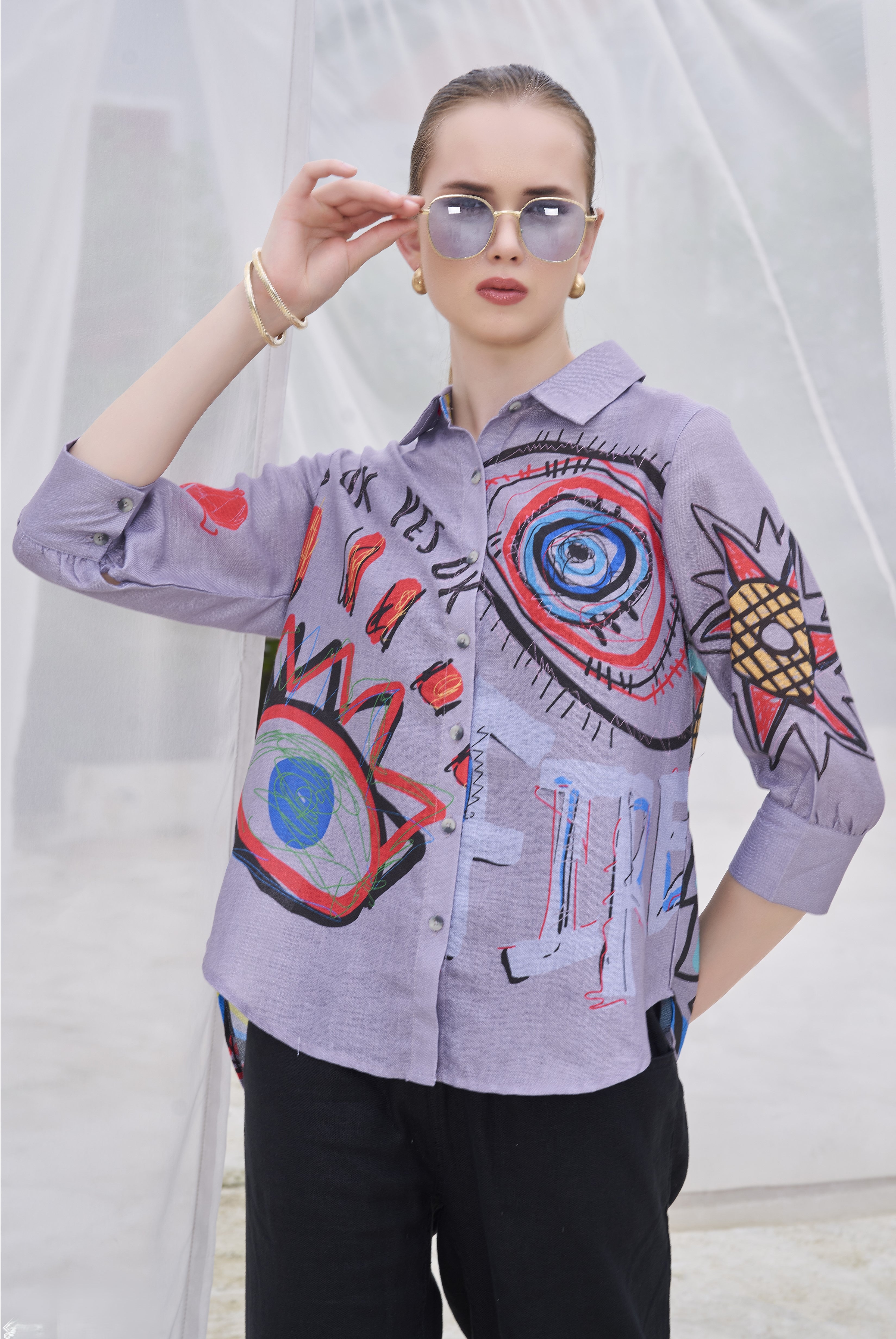 Lavender Gray Printed Cotton Linen Shirt