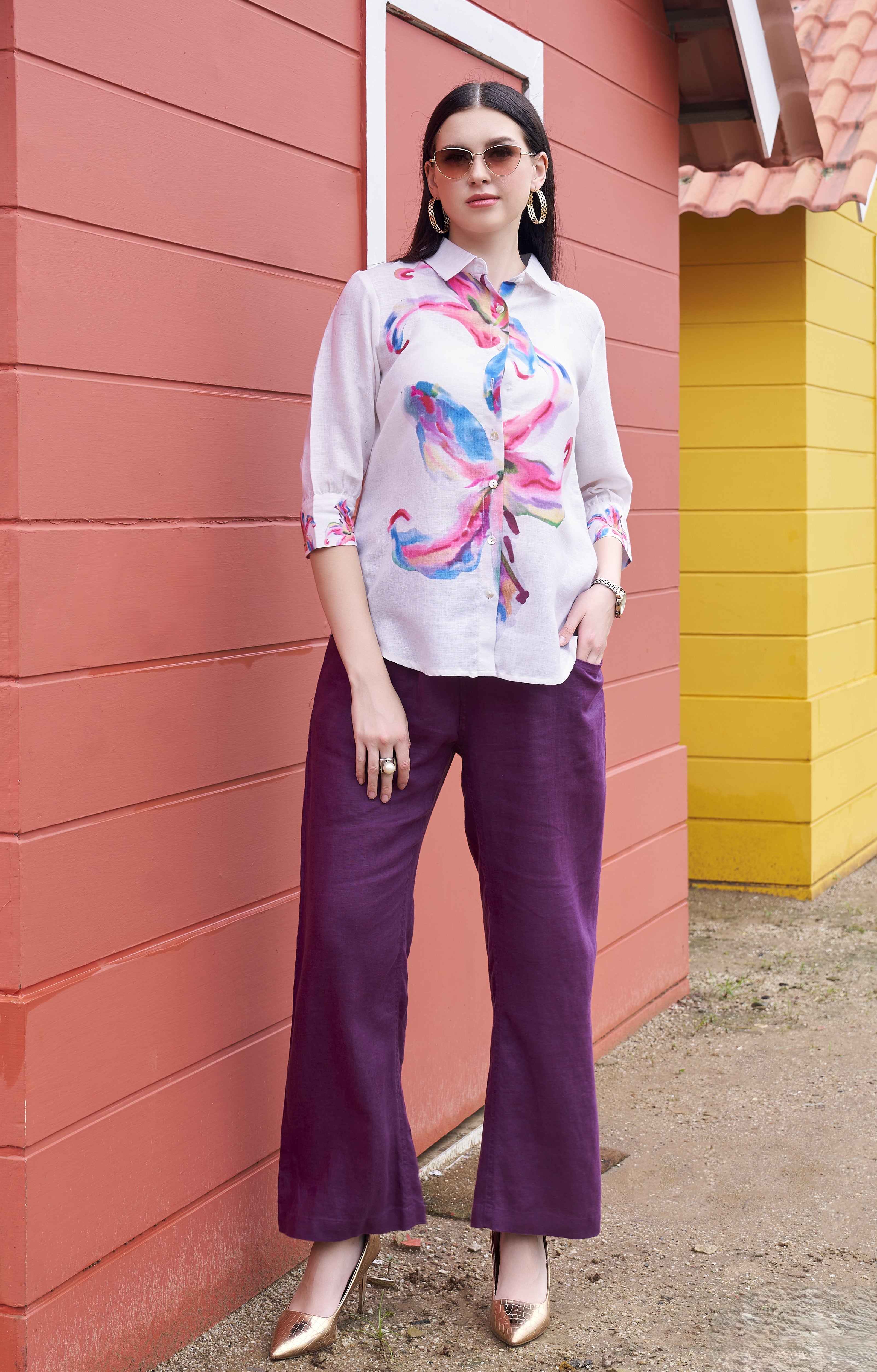 White Printed Cotton Linen Shirt