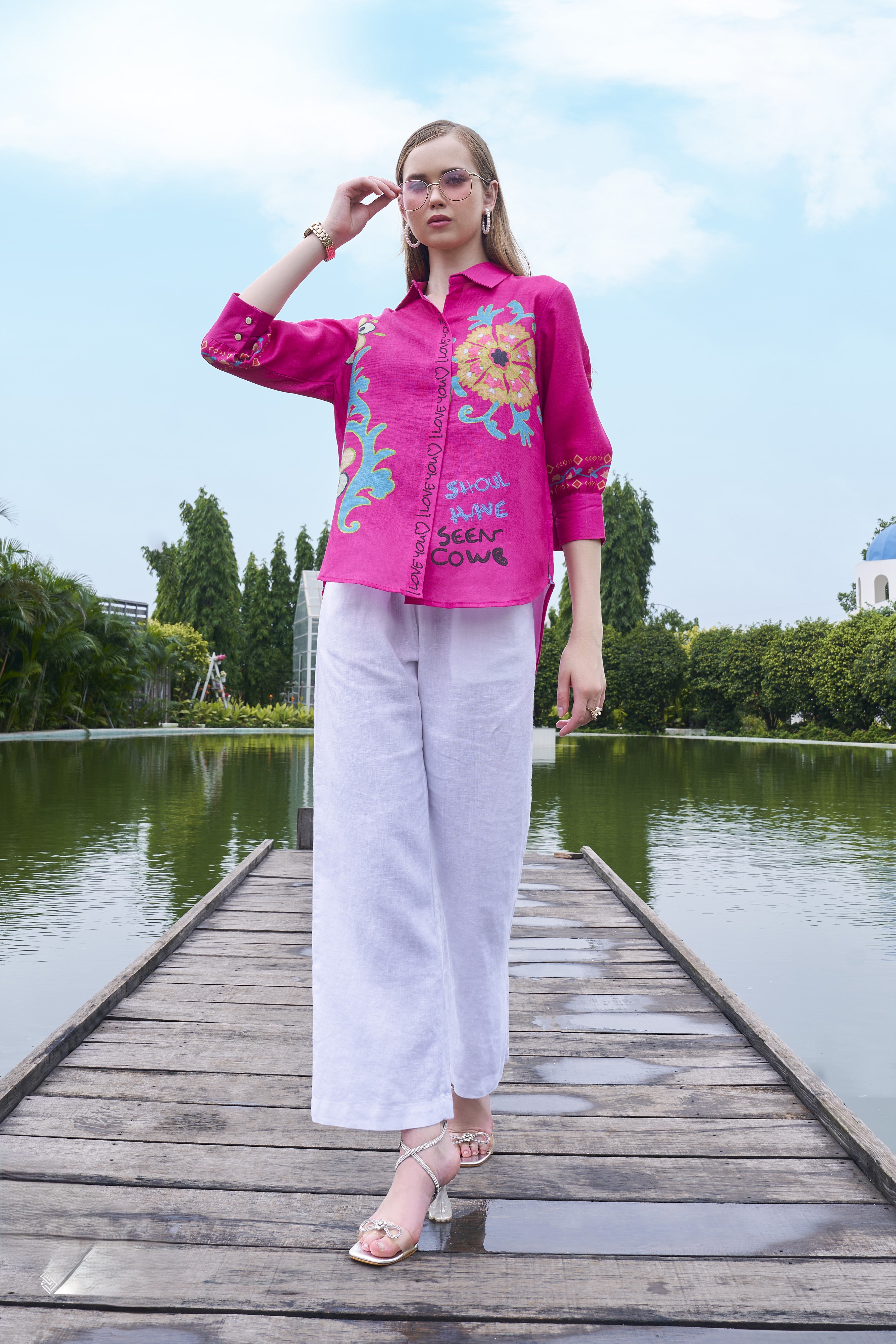 Bright Pink Printed Cotton Linen Shirt