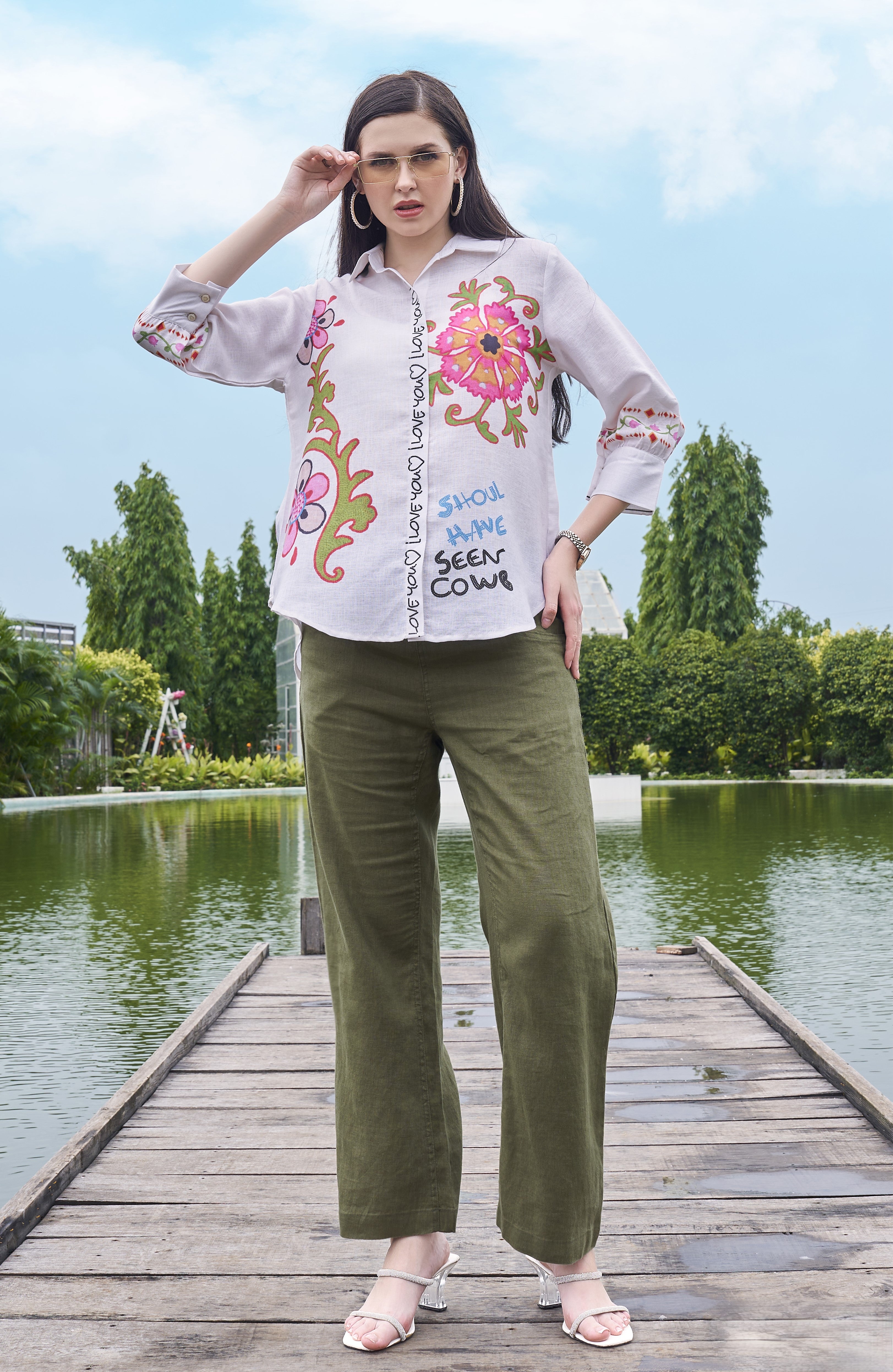 White Cream Printed Cotton Linen Shirt