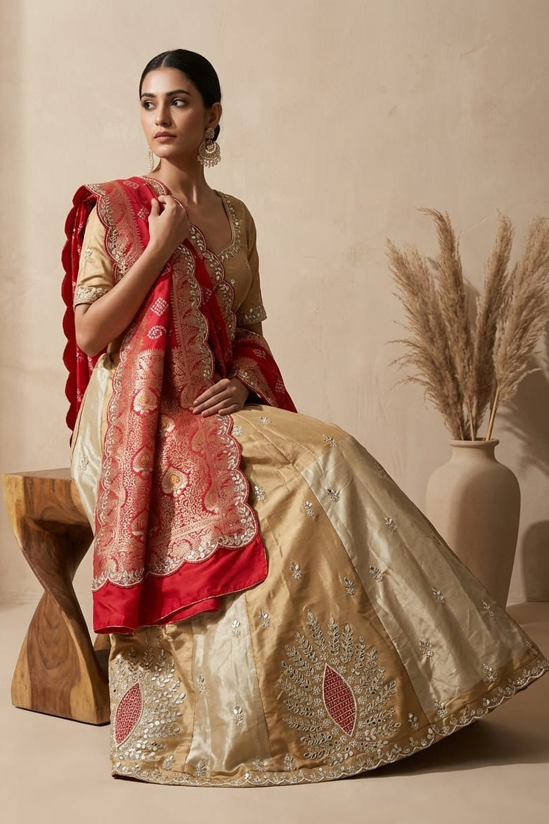 Champagne Crimson Embellished Tissue Silk Lehenga Set