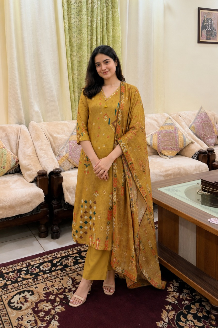 Mustard Green Embroidered Linen Pant Set