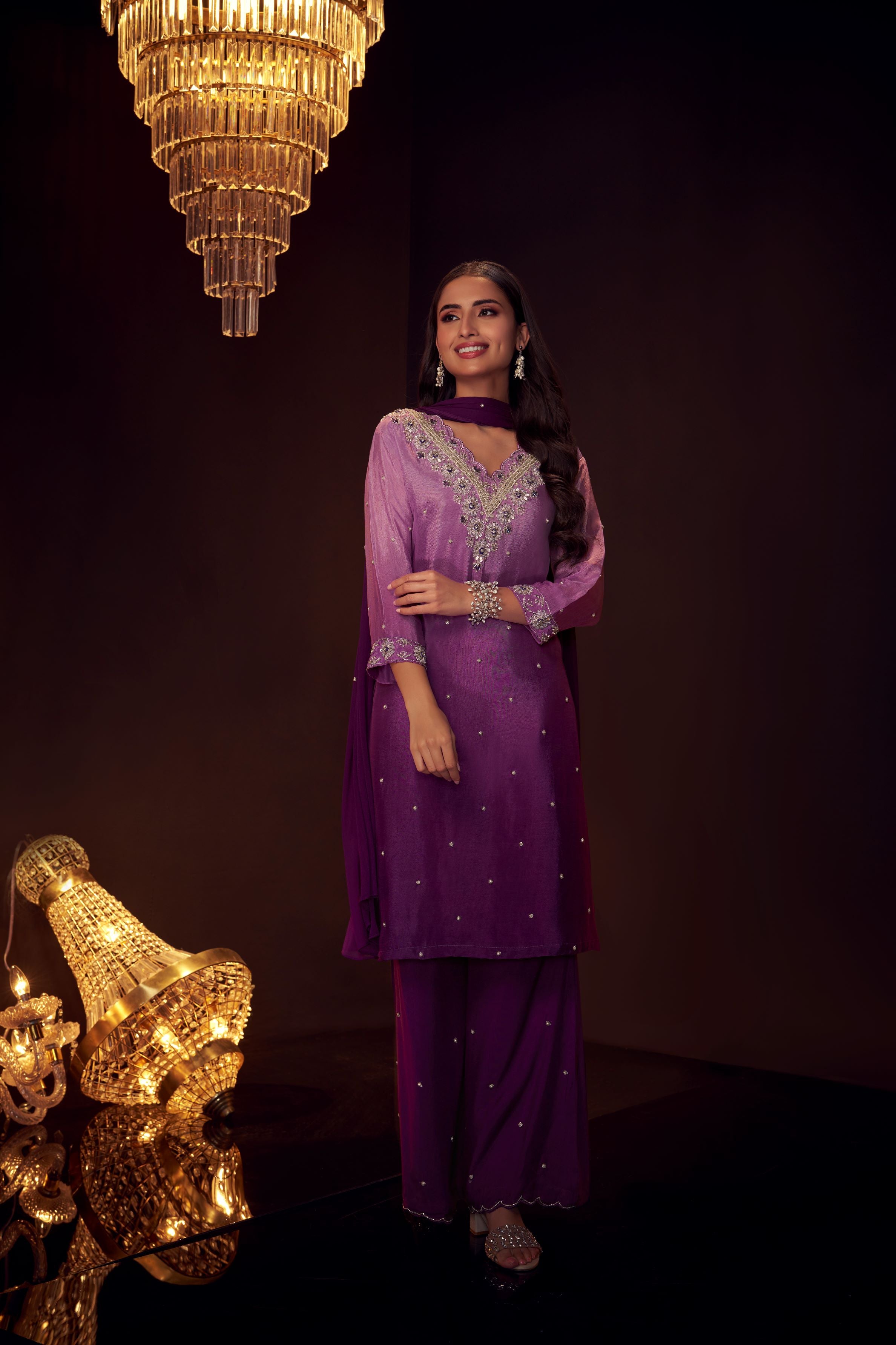 Midnight Purple Embellished Premium Silk Palazzo Set