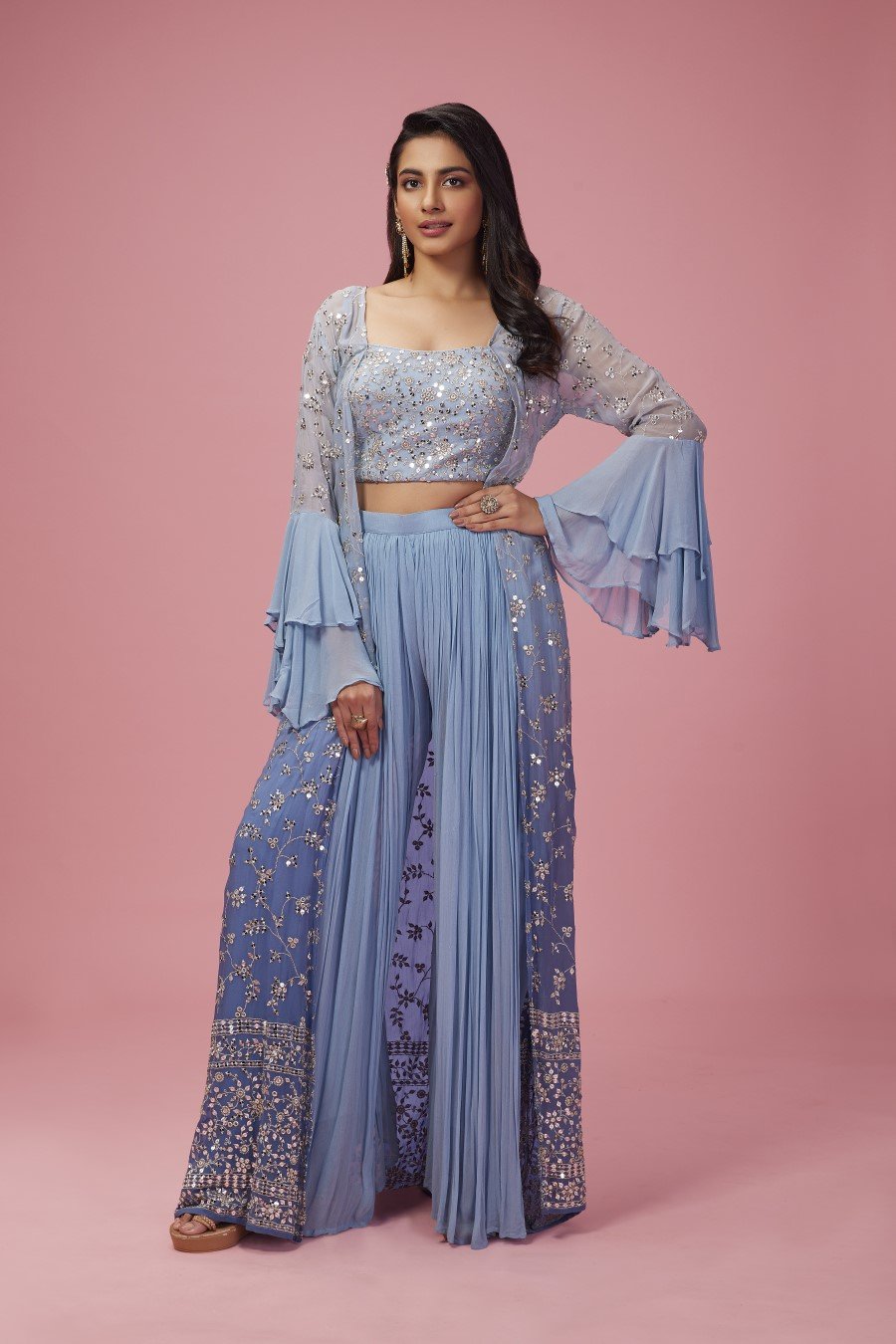 Sky Blue Embellished Cape Set with Palazzo