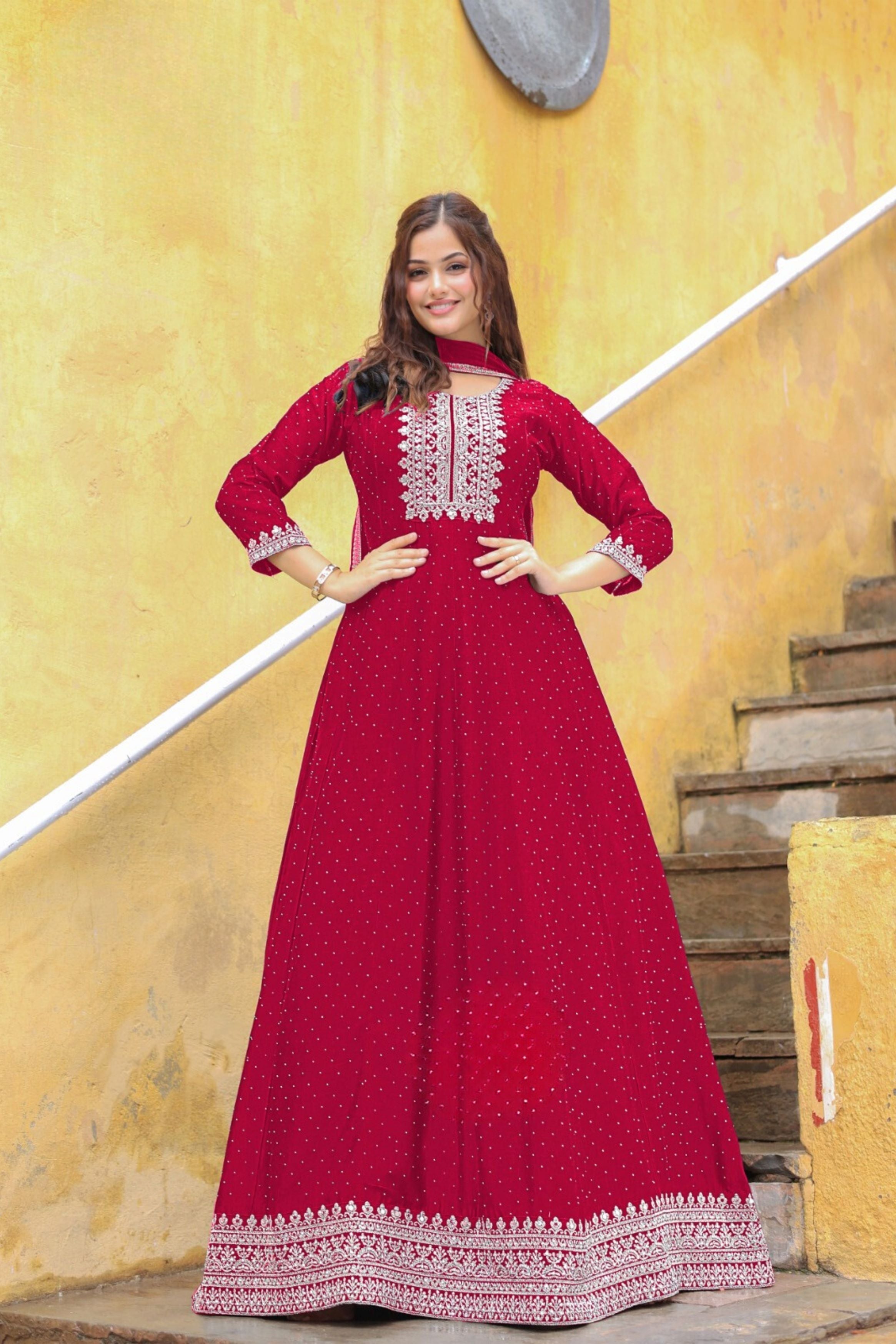 Hot Red Embellished Premium Silk Anarkali Set