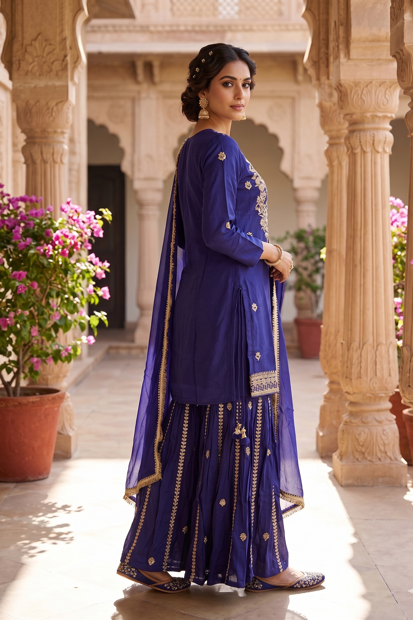 Deep Blue Embroidered Tissue Silk Sharara Set