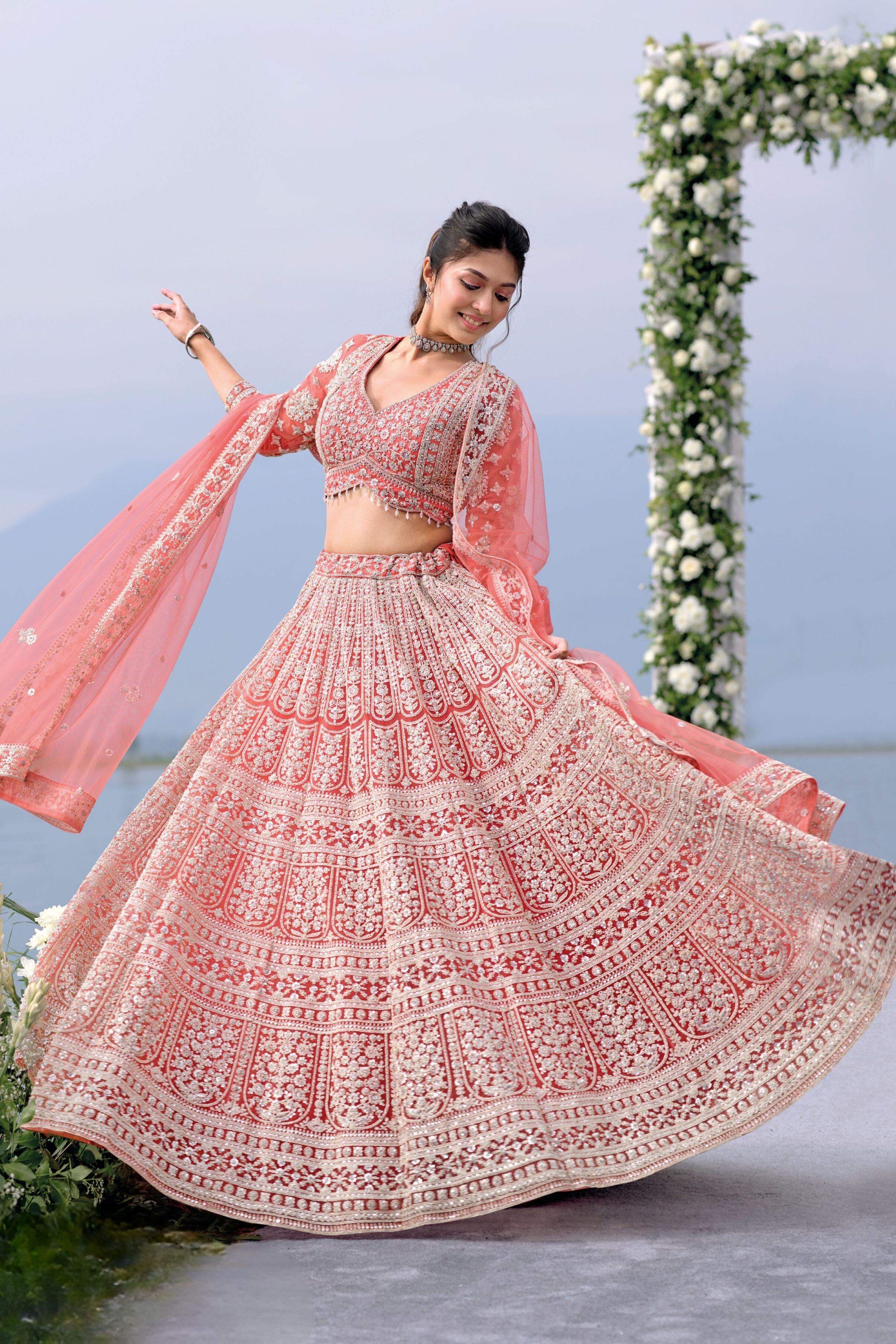 Creamy Peach Embellished Premium Net Lehenga Set