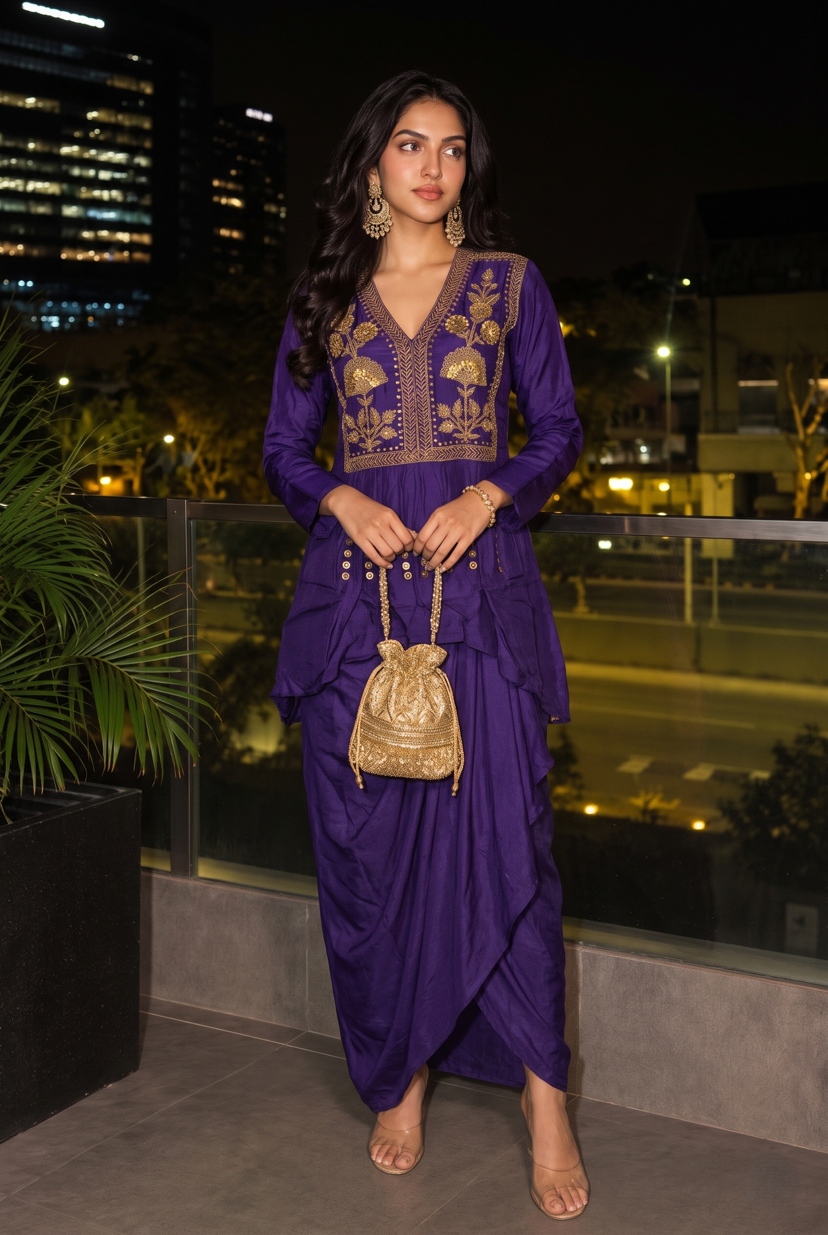 Deep Violet Embellished Raw Silk Skirt Set