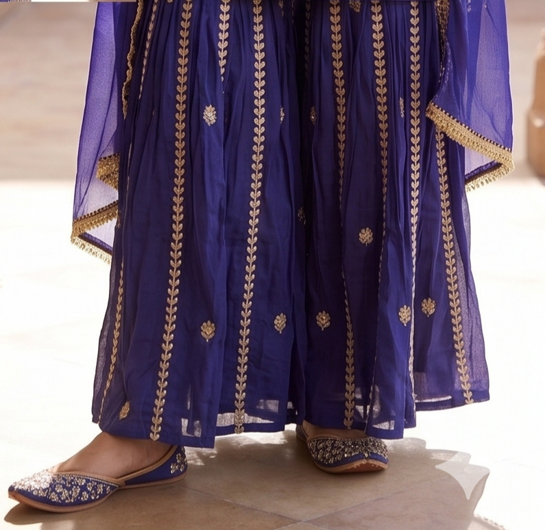 Deep Blue Embroidered Tissue Silk Sharara Set