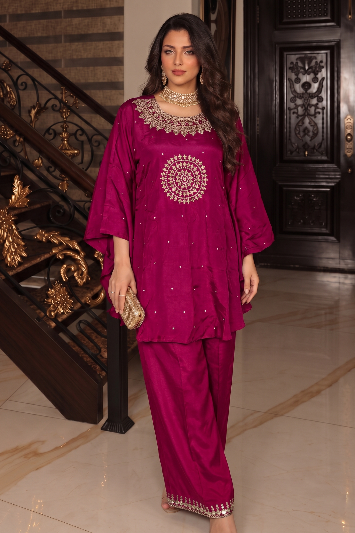 Rich Magenta Pink Embellished Raw Silk Palazzo Set
