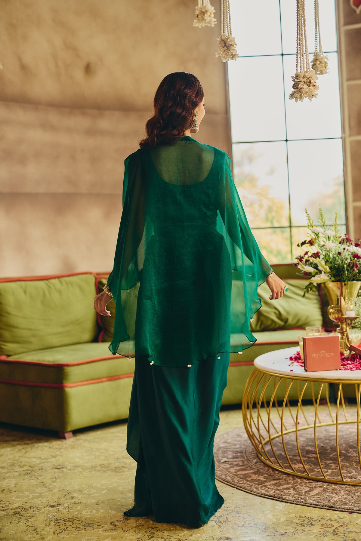 Forest Green Emebellished Satin Silk Skirt Set