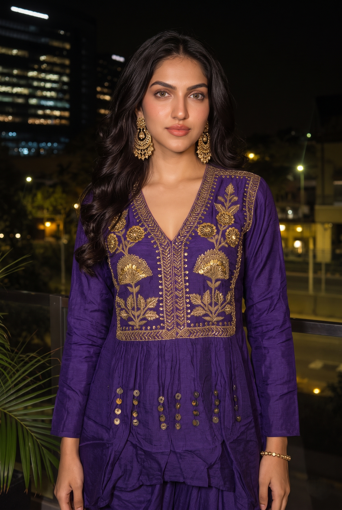 Deep Violet Embellished Raw Silk Skirt Set