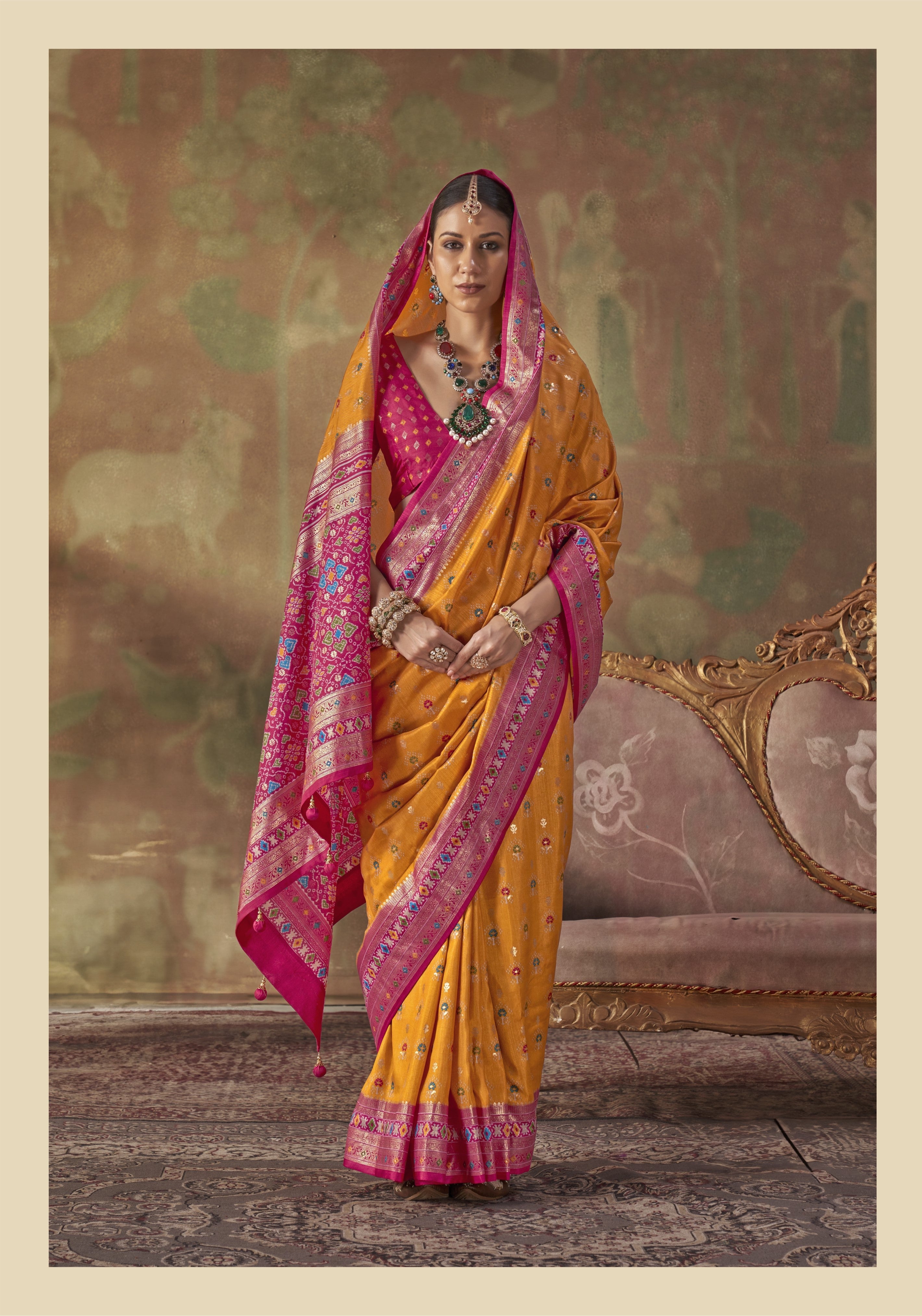 Mustard Yellow Printed Premium Silk Saree