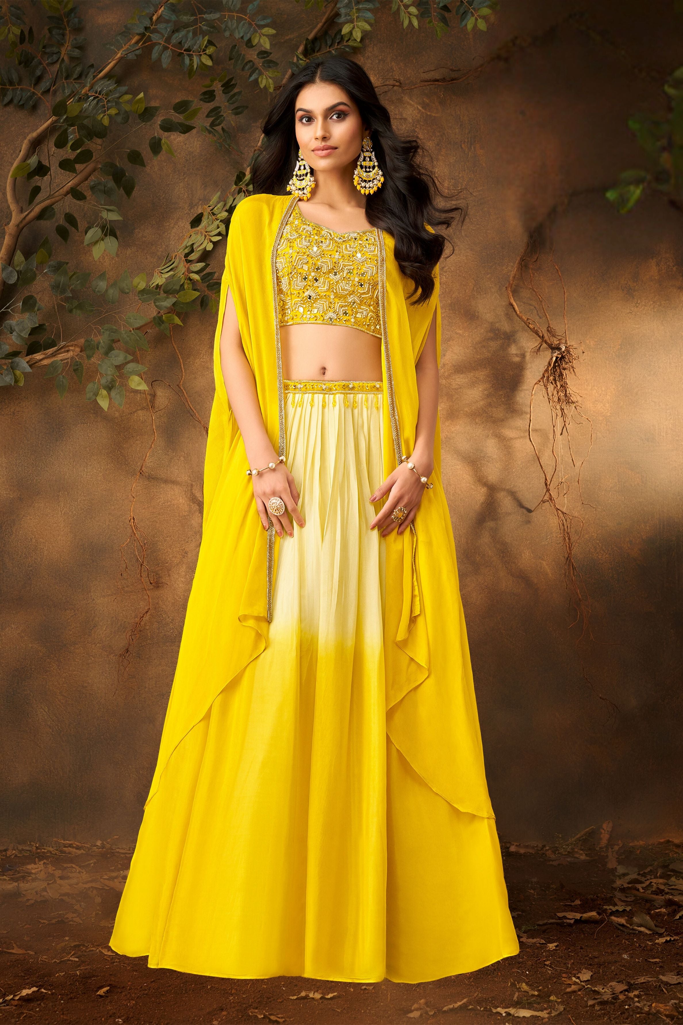 Yellow Embellished Georgette Silk Cape Set