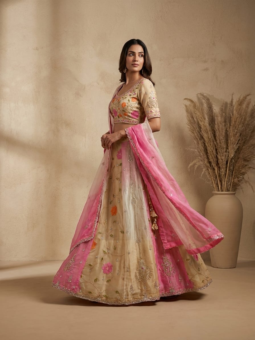 Cream Rose Embellished Premium Silk Lehenga Set