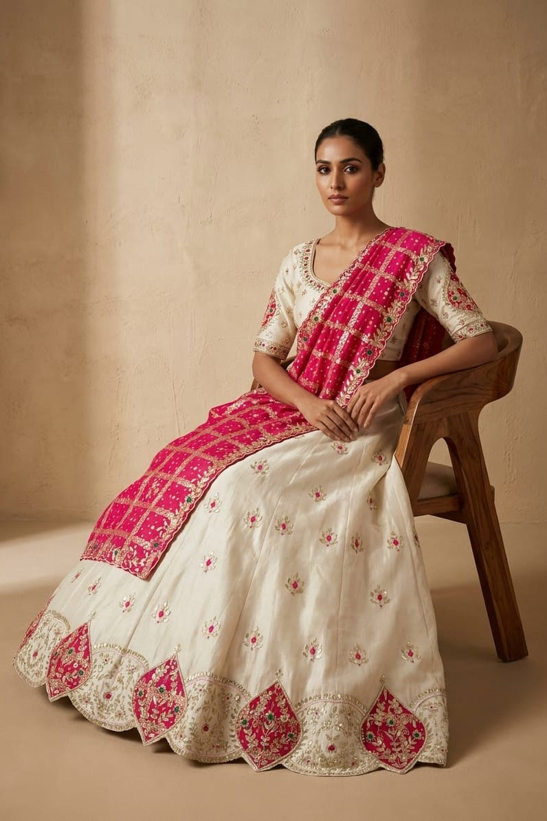 Ivory Fuchsia Embellished Premium Silk Lehenga Set