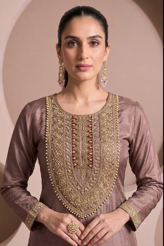 Dusty Pink Embellished Brocade Silk Pant Set
