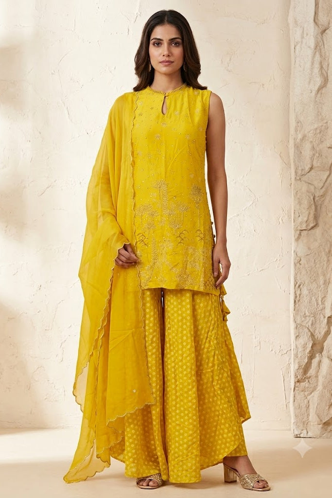 Amber Yellow Embellished Crepe Silk Palazzo Set
