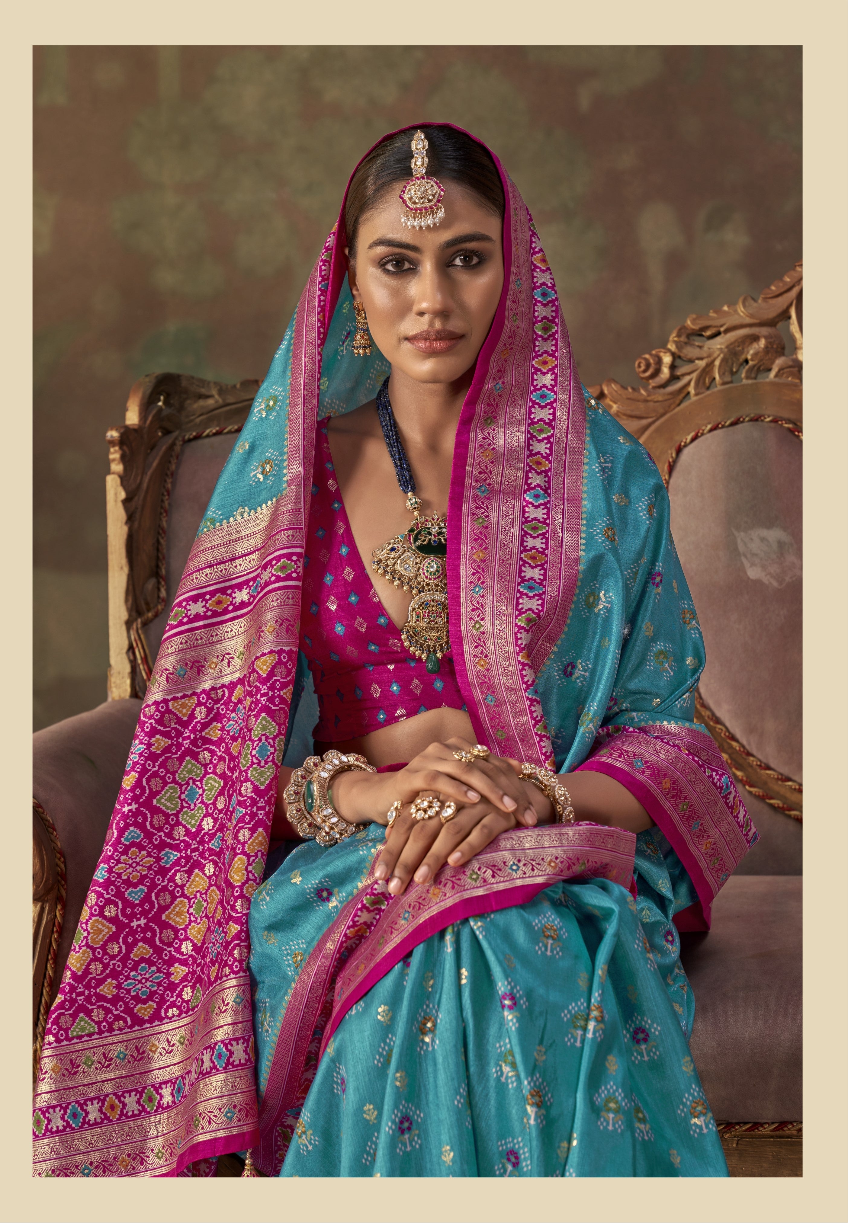 Turquoise Blue Printed Premium Silk Saree