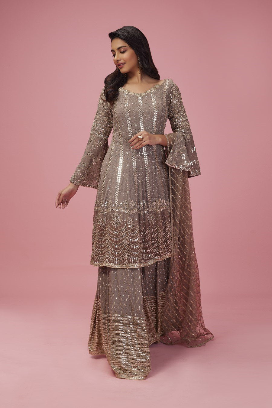 Dusty Brown Ethnic Embroidered Sharara Set