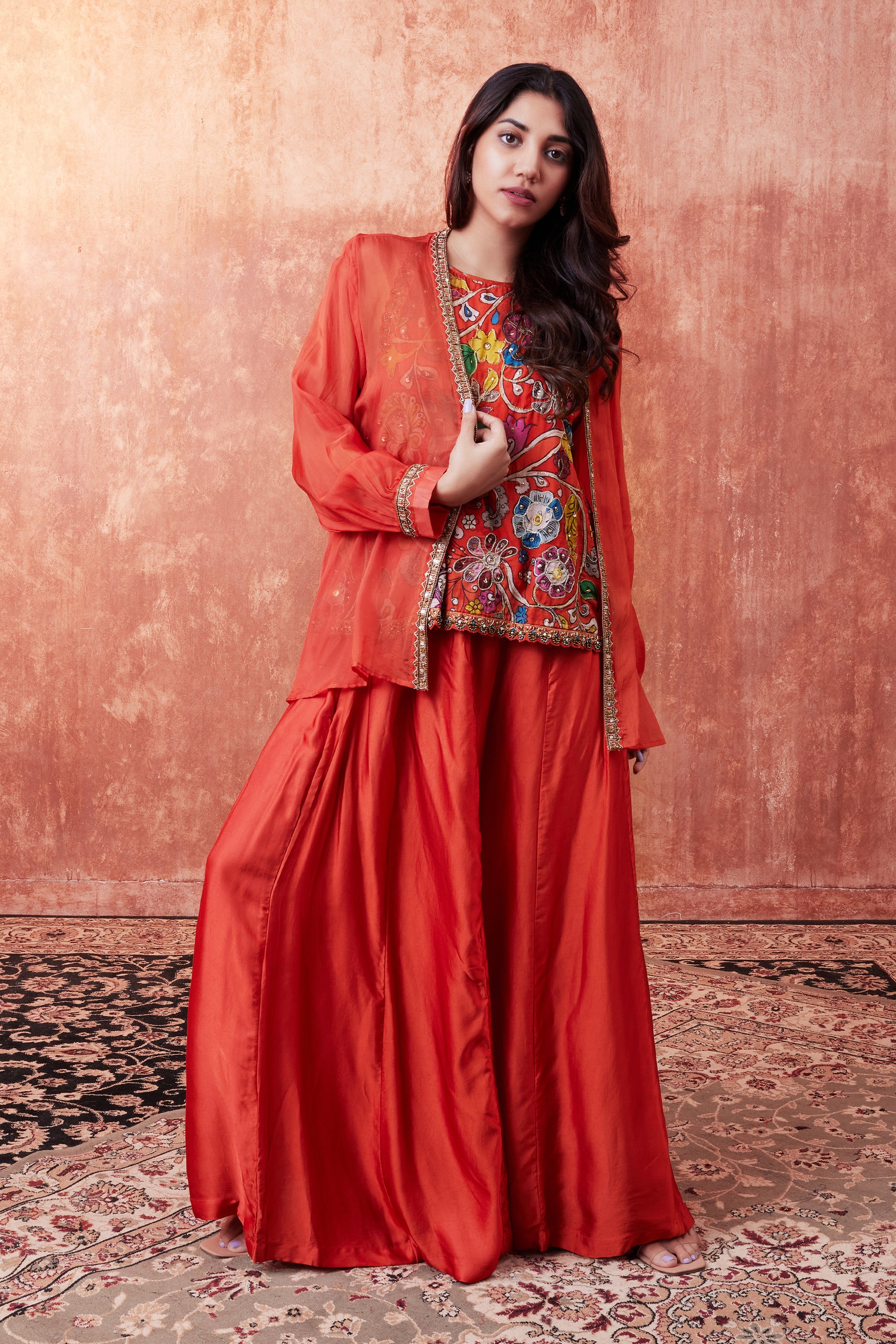 Orange Floral Embroidered Kalamkari Jacket Set