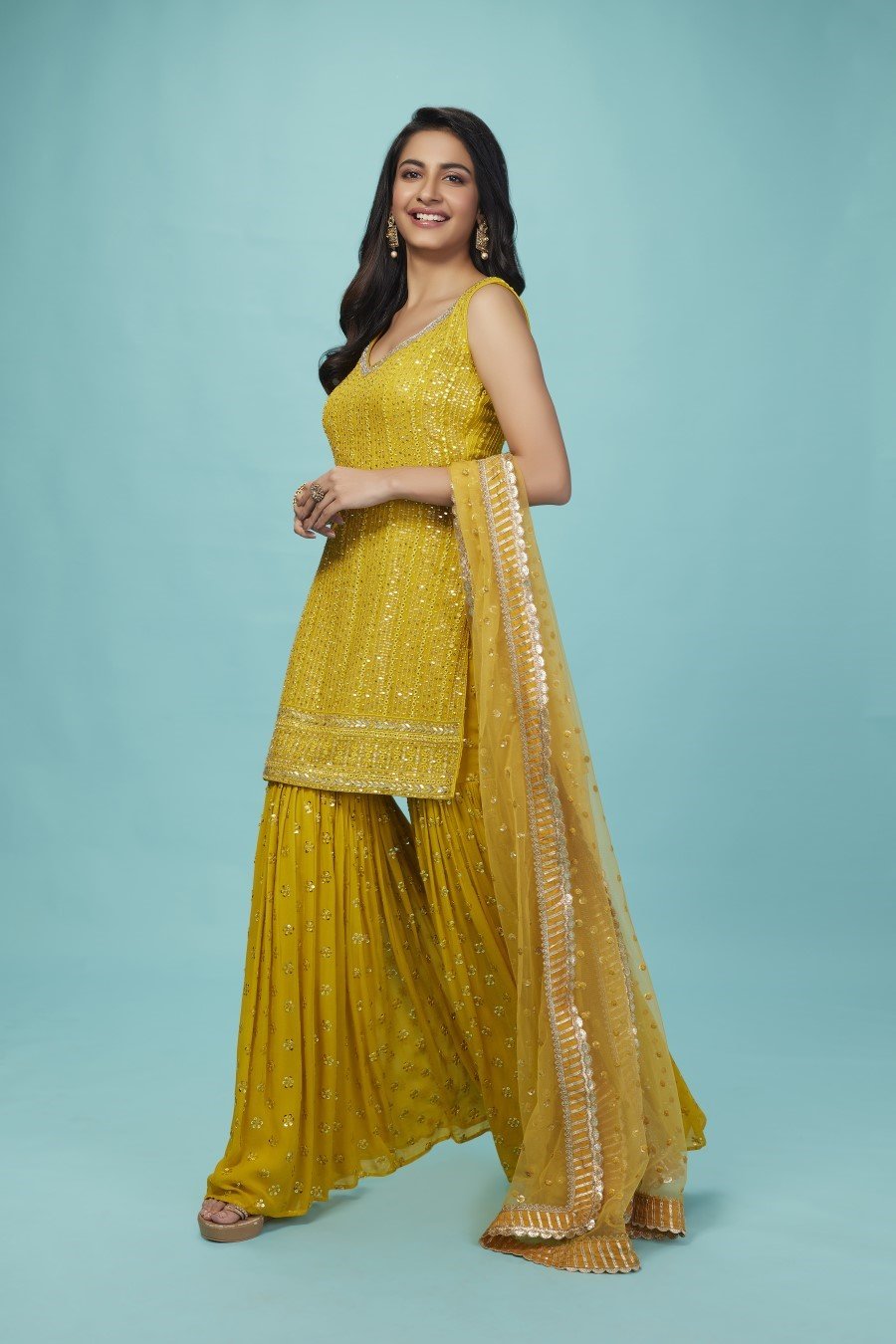 Yellow Sequin Embroidered Sharara Set